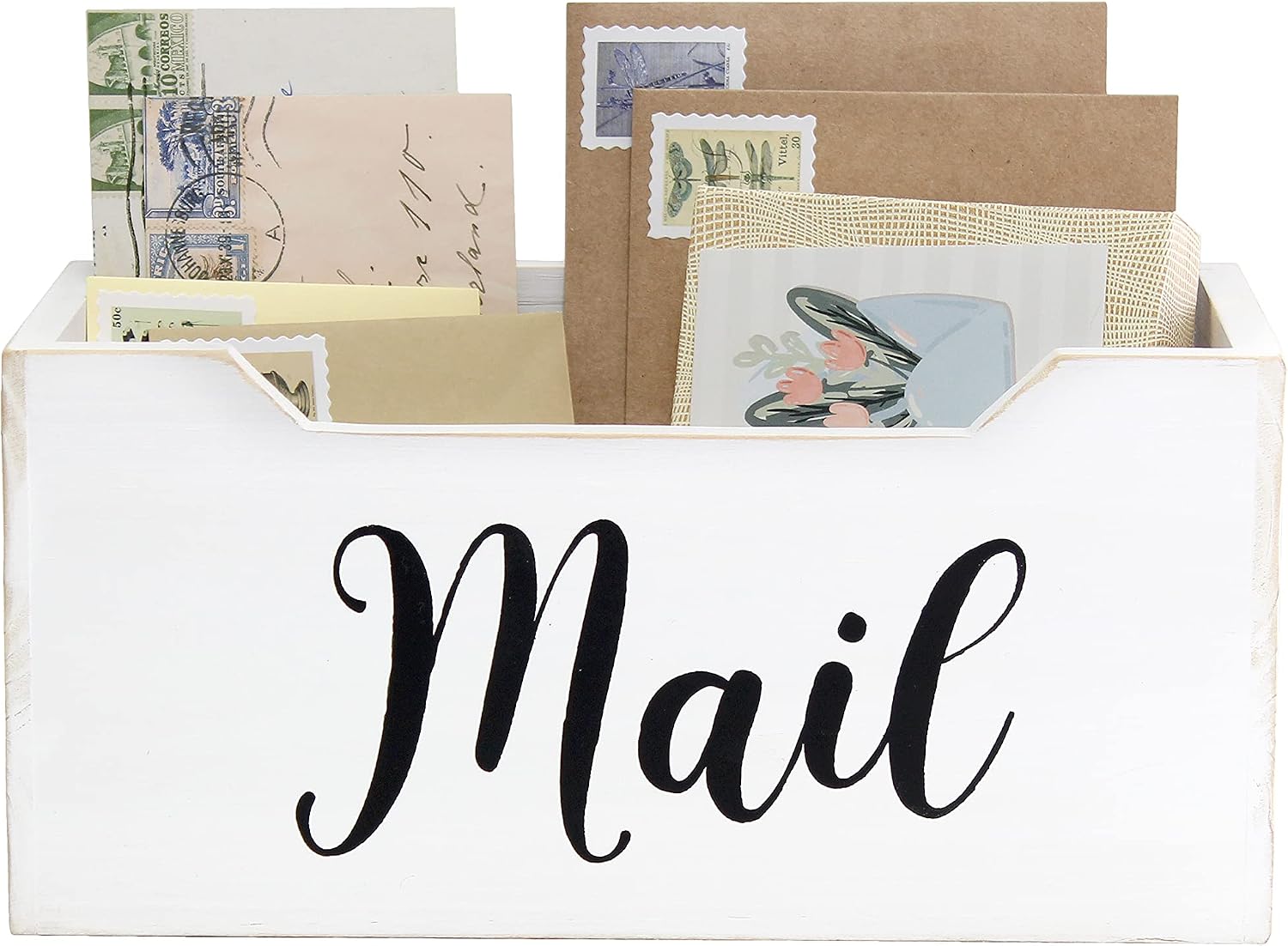 Elegant Designs HG2010-WMB Rustic Farmhouse Wooden Tabletop Black Script Word Mail Organizer Box, Letter Holder Office Accessories Decor, White Wash