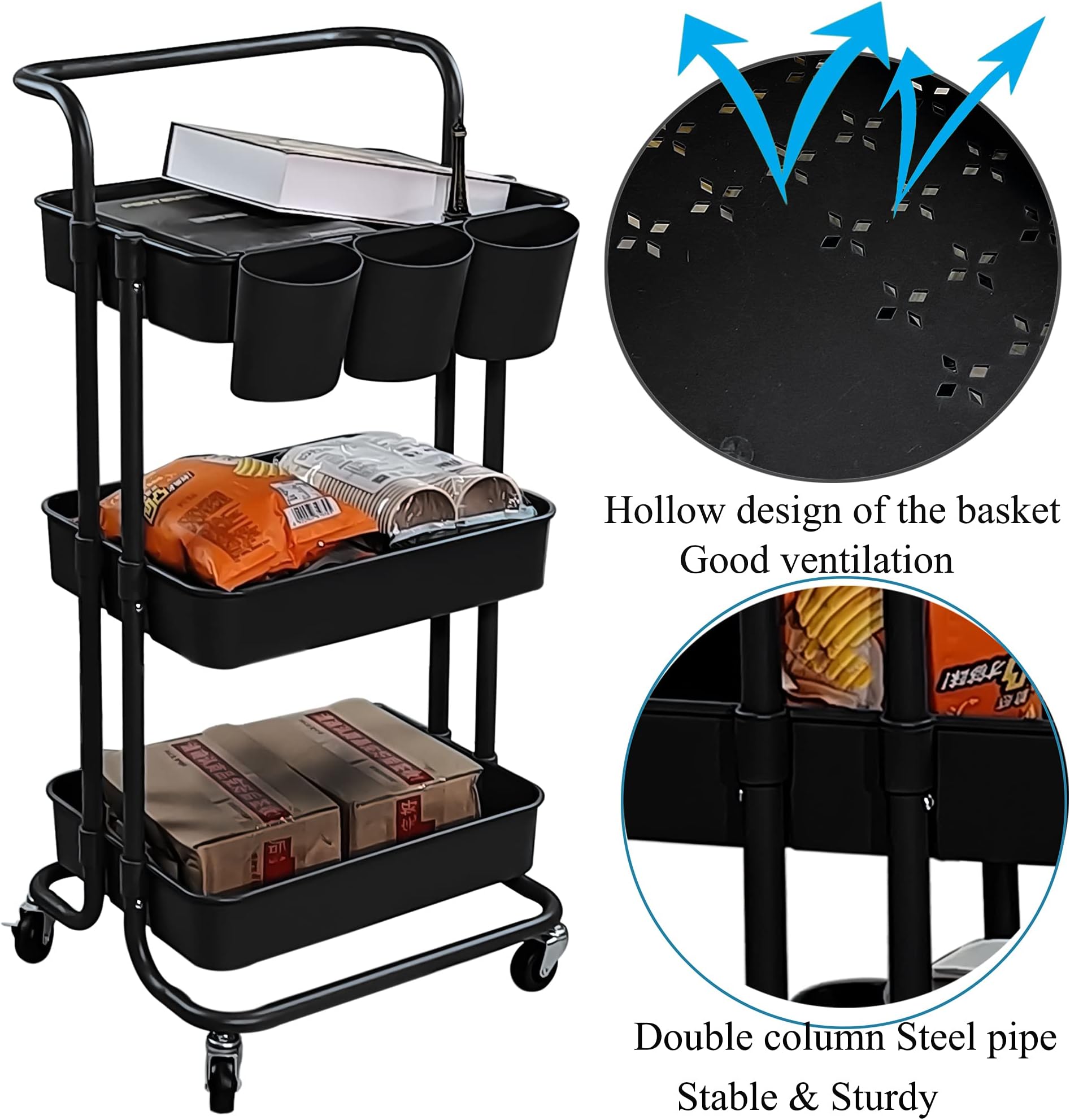 3-Tier Utility Rolling Cart Multifunction Storage Service Cart with Handle and Lockable Wheels for Kitchen Bathroom Office Laundry Room (Black)