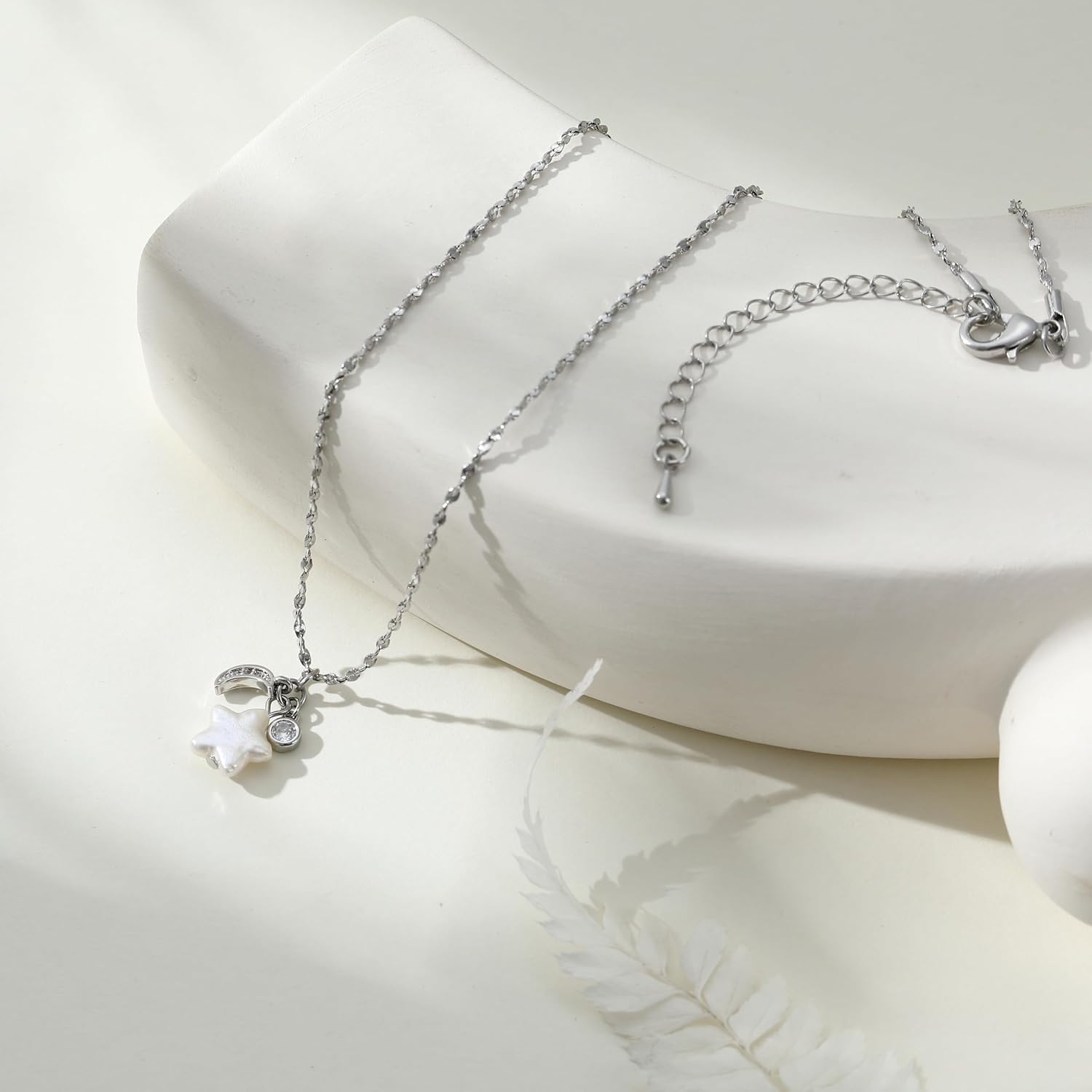 Plated Celestial Pearl Star Women Necklace, Moon & Diamond Accent Charm Pendant, Elegant Celestial - Inspired Jewelry - Image 2