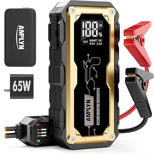 Arrancador de coche con cargador rápido de 65 W, batería de 24000 mAh, batería de coche de 12 V, portátil, pantalla LED, impulsor de motor diesel de