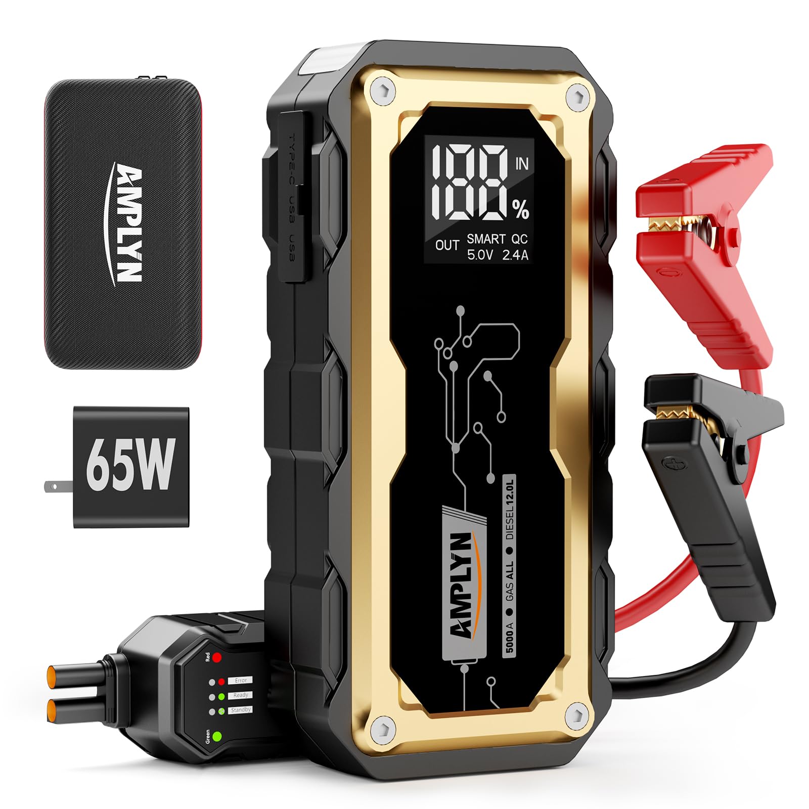 Car Jump Starter with 65W Quick Charger 24000mAh Battery Pack 12V Car Battery Jumper Starter Portable LED Display