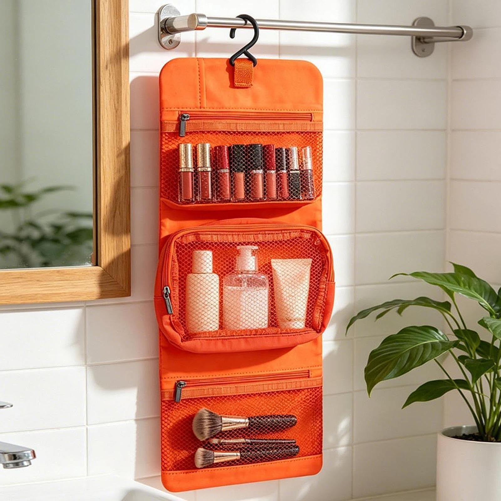 Bolsa de Aseo de Viaje con Gancho Organizador de Artículos de Tocador Portátil Multifuncional Estuche de Maquillaje con Compartimentos de Malla Cremal, 4 Piezas