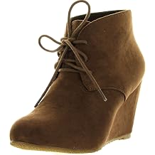 Anna Sally-5 Womens Adorable Almond Toe Lace Up Wedge Ankle Bootie,Chestnut,10