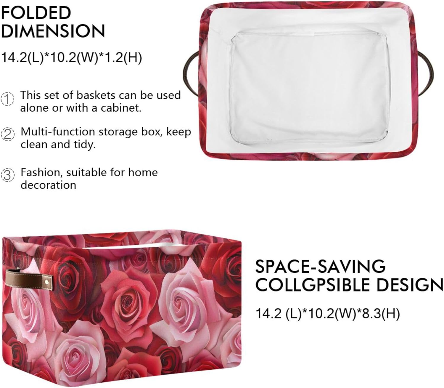 Foldable Storage Basket with Handles Red and Pink Roses Fabric Kitchen Baskets Open Home Storage Bins Boxes Organizer Bag for Baby Cloth Pet Toy Book Shelf Closet Baskets 2 Pcs