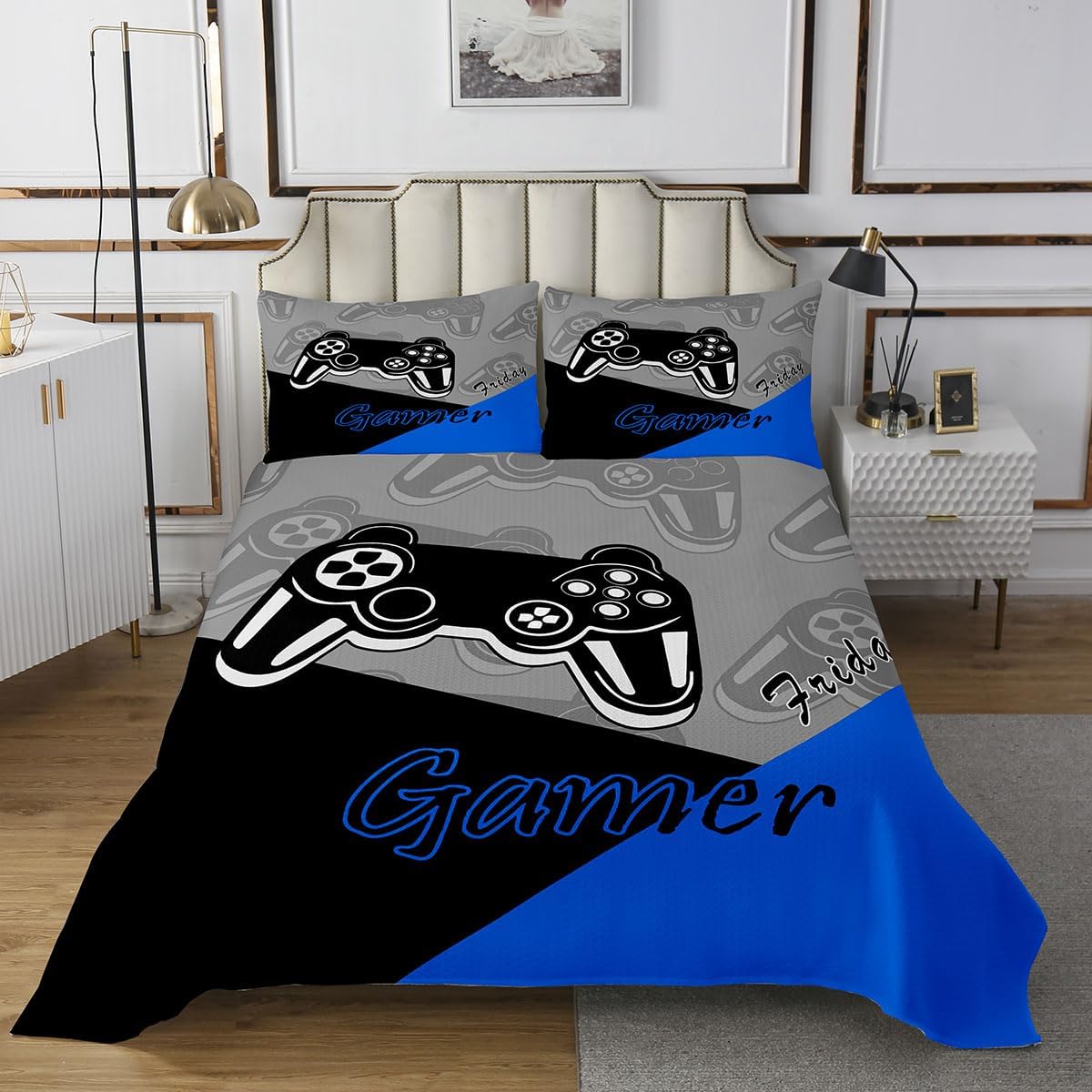 Feelyou Gaming Quilt Sets 3 Pieces Gamer Bedspread for Kids Boys Girls Video Game Home Decor Coverlet Set with 2 Pillowcases (Queen)