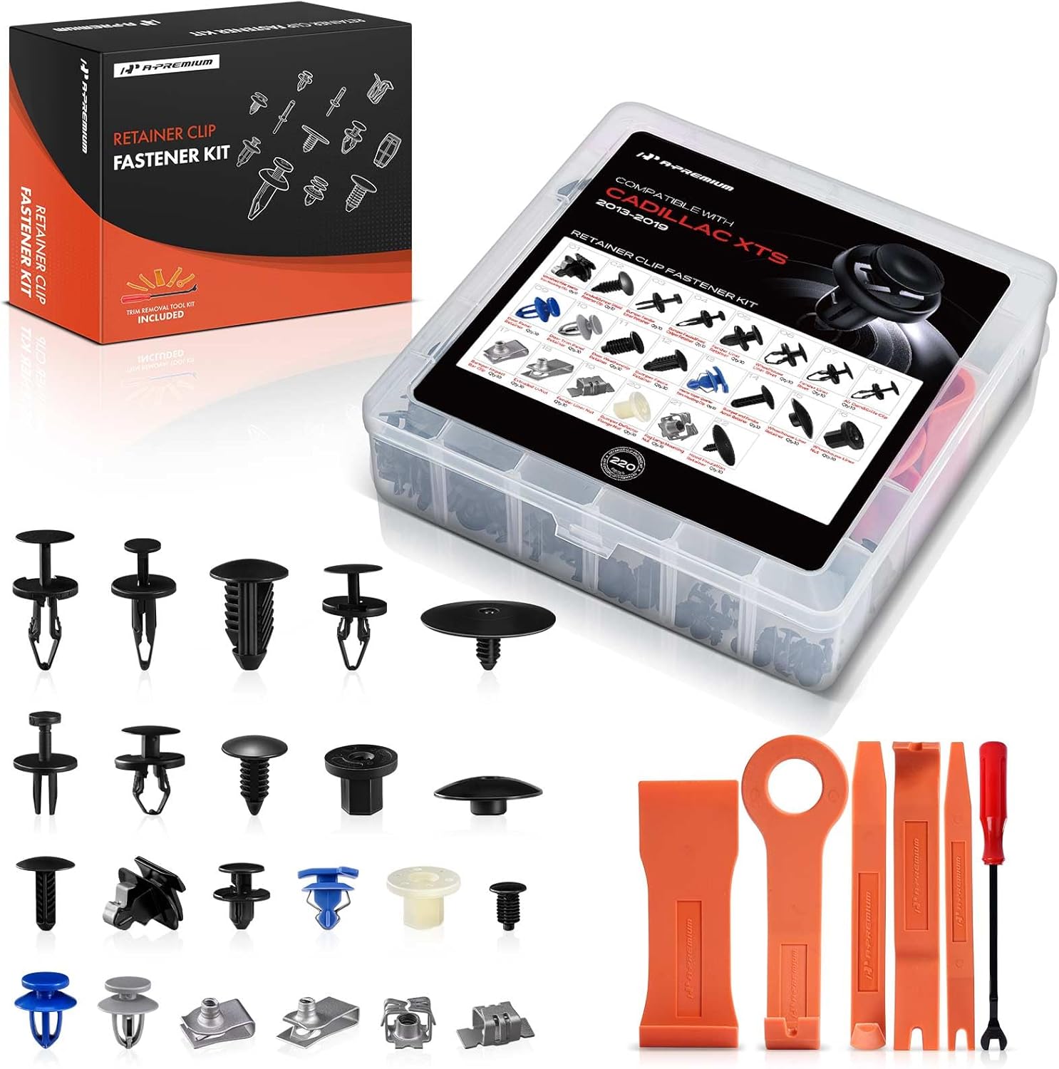 A-Premium 220PCS (44 oz/22 Sizes) Bumper Retainer Clips w/Removal Tool Compatible with Cadillac XTS 2013-2019 Fender Fasteners Assortment Hood Molding Clips Door Weatherstrip Trim Push Pin Rivets