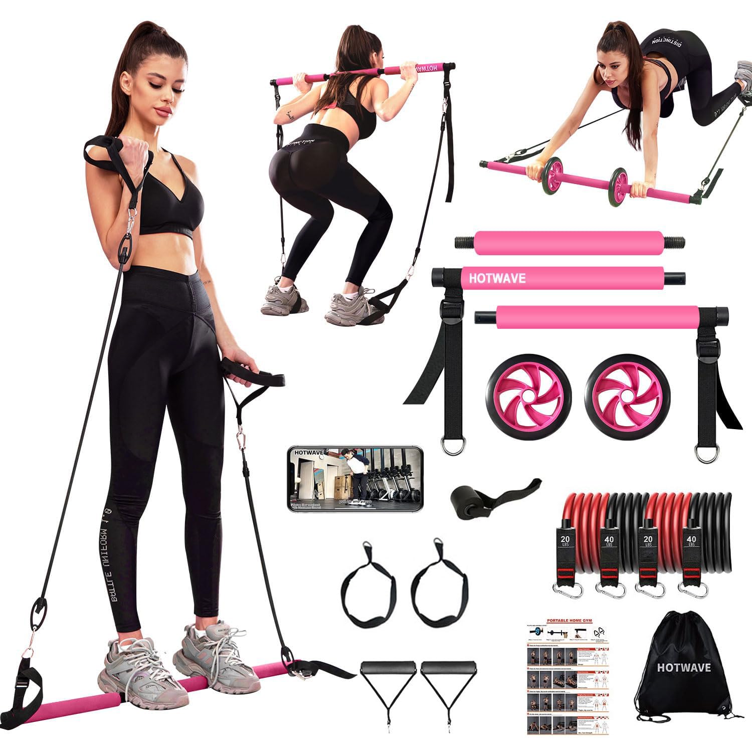 HOTWAVE Pilates Bar Kit with Resistance Bands, Pilates Equipment with AB Roller Multifunctional Stretched Fusion Pilates Bar - Portable Pilate Bar for Abs Workout, Exercise Fitness for Home Gym