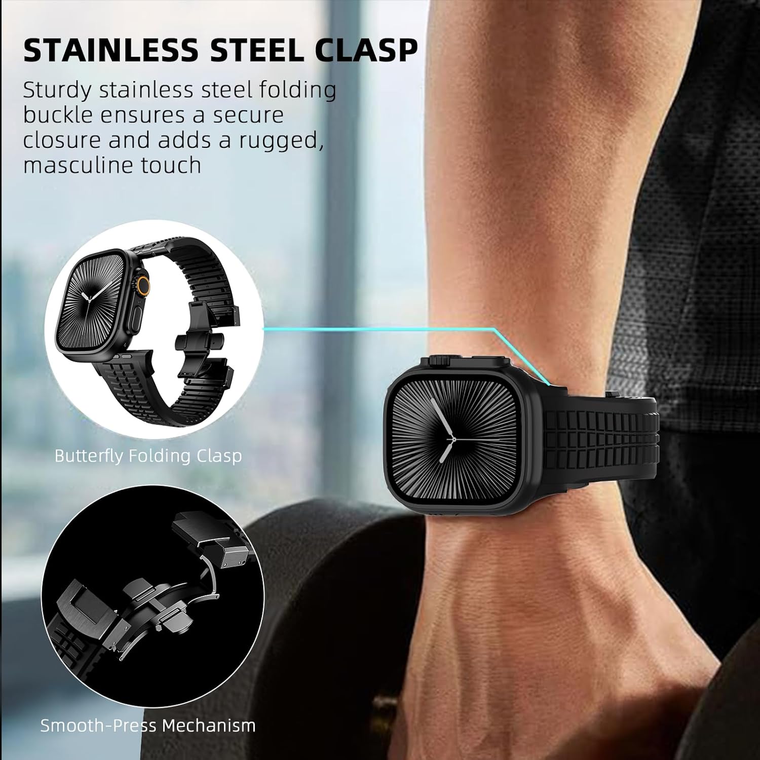 Silicone Band Compatible with Apple Watch Ultra 3/2/1 Band 49mm for Men, Rugged Heavy Duty Sport Band with Folding Buckle for iWatch Series 11/10 46mm, 9/8/7 45mm, 6/5/4 44mm, 3/2/1 42mm - Image 5