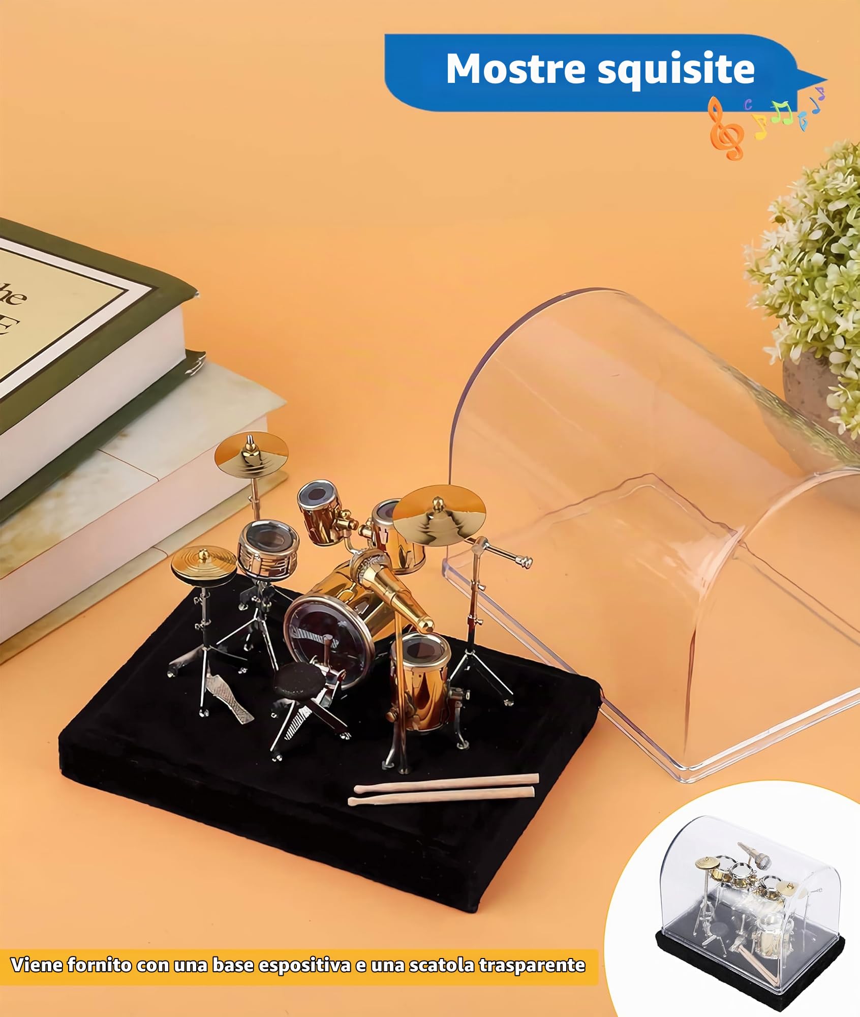 Gugxiom Mini Set di Batteria con Espositore e Base, Mini Kit di Batteria in Metallo, Set di Batteria per Strumenti Musicali in Miniatura, Mini Batteria per Regali Famiglie Amici