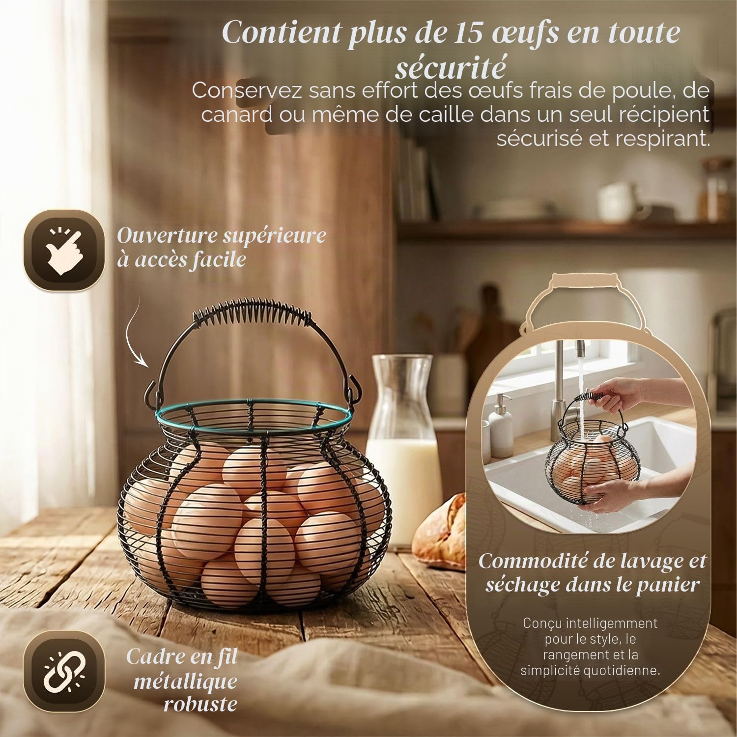 Flexzion Panier à œufs pour recueillir des œufs frais – Porte-œufs rond en fil métallique avec poignées à ressort – Panier de collecte d'œufs de poule de ferme pour comptoir, organisateur de cuisine