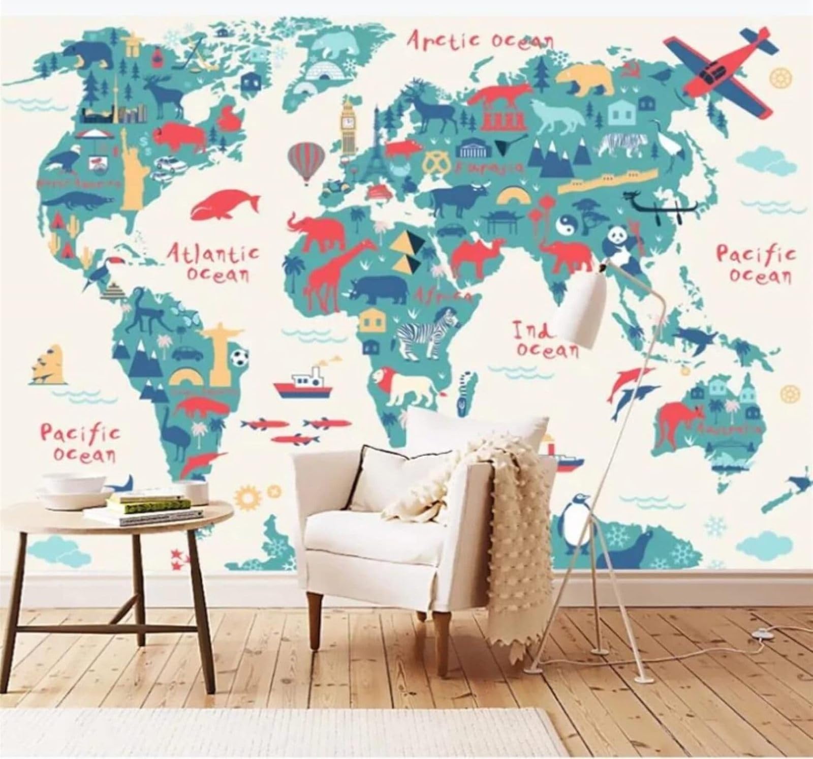 XLMING Cartoon Watercolour World Map Hot Air Balloon Aeroplane 3D Wallpaper Luxury Home Dining Decor Paste Sofa Living Room The Wall for Bedroom Mural-400cm×280cm