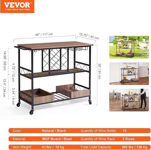 Miniatura 7 de VEVOR Carrito de bar, carrito de servicio para el hogar, 3 niveles y 300 libras, estación industrial de bebidas con ruedas con bloqueo, carrito de