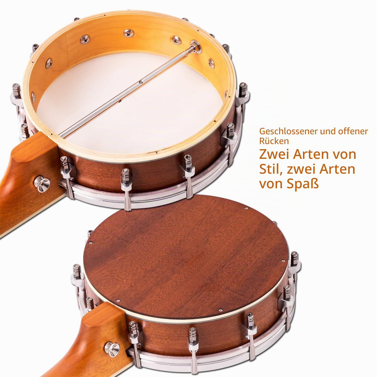 Banjolele, 4-saitig, Mulucky-Konzertgröße, 23 Zoll, Banjo-Ukulele, geschlossene Rückseite aus Massivholz, Anfänger-Set mit Halsstab, Gigbag, Stimmgerät, Saitengurt, Plektren – BU8017
