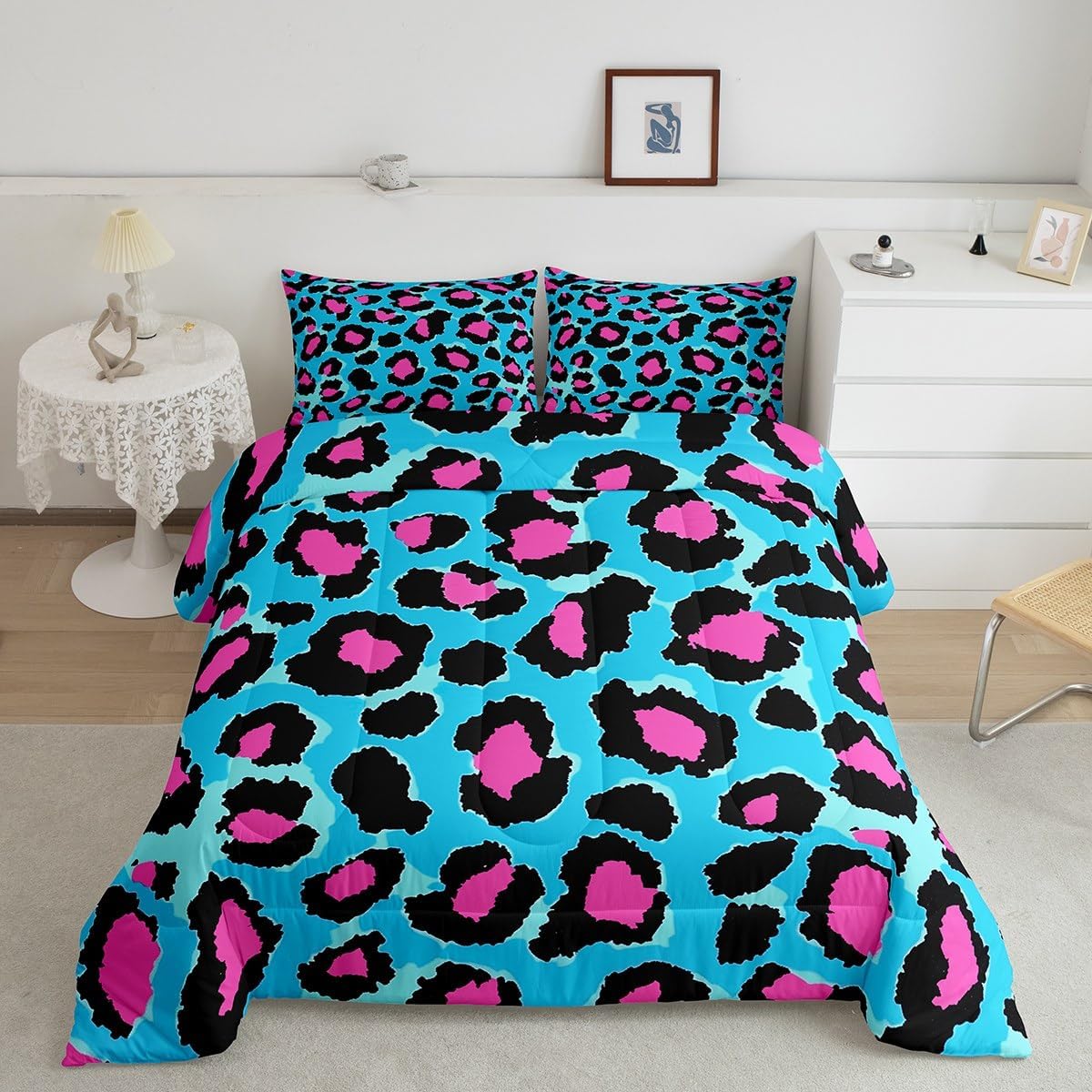 Feelyou Blue Pink Leopard Bedding Set Boys Girls Full Size Cheetah Comforter Set for Kids Women Men Ultra Soft Animal Print Comforter Safari Duvet Set Room Decor Zebra Quilt Set