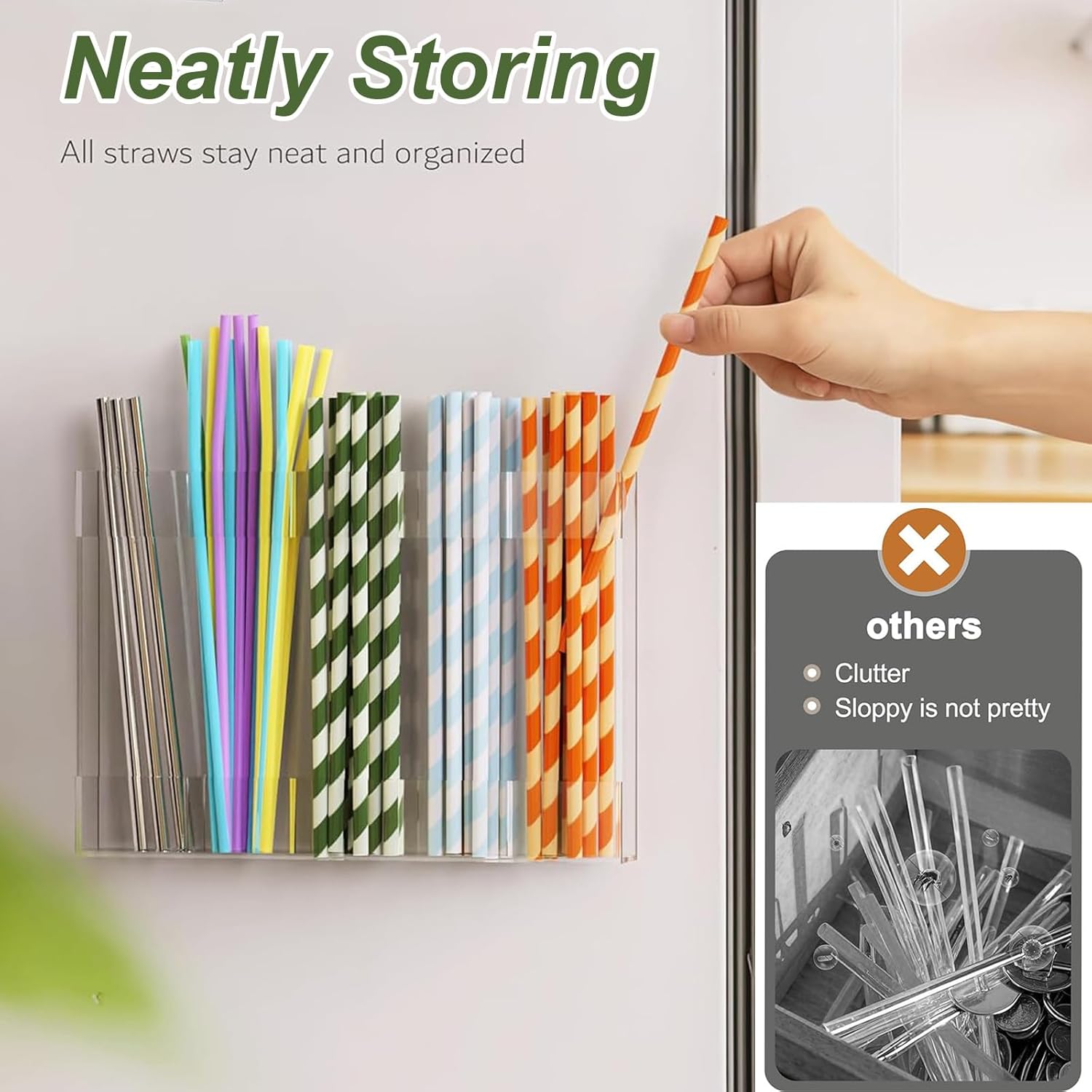 Straw Holder for Cabinet Door, Acrylic Reusable Tumbler Straw Organizer Dispenser Large Storage Container Accessories with Strong Adhesive Double-sided Tape for Counter Cupboard Door Mounted - Image 3