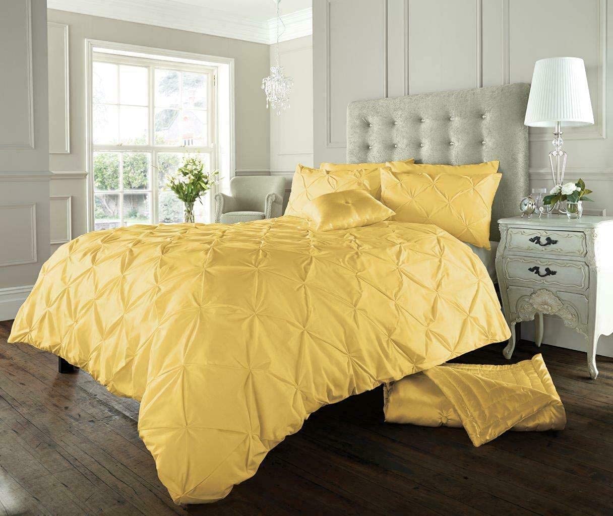 LJ Pinch Pleat Pintuck Diamonds Style Duvet Cover Sets Quilt Cover Sets Cotton Rich Alford Bedding Sets With Pillowcases (Ochre, Double)