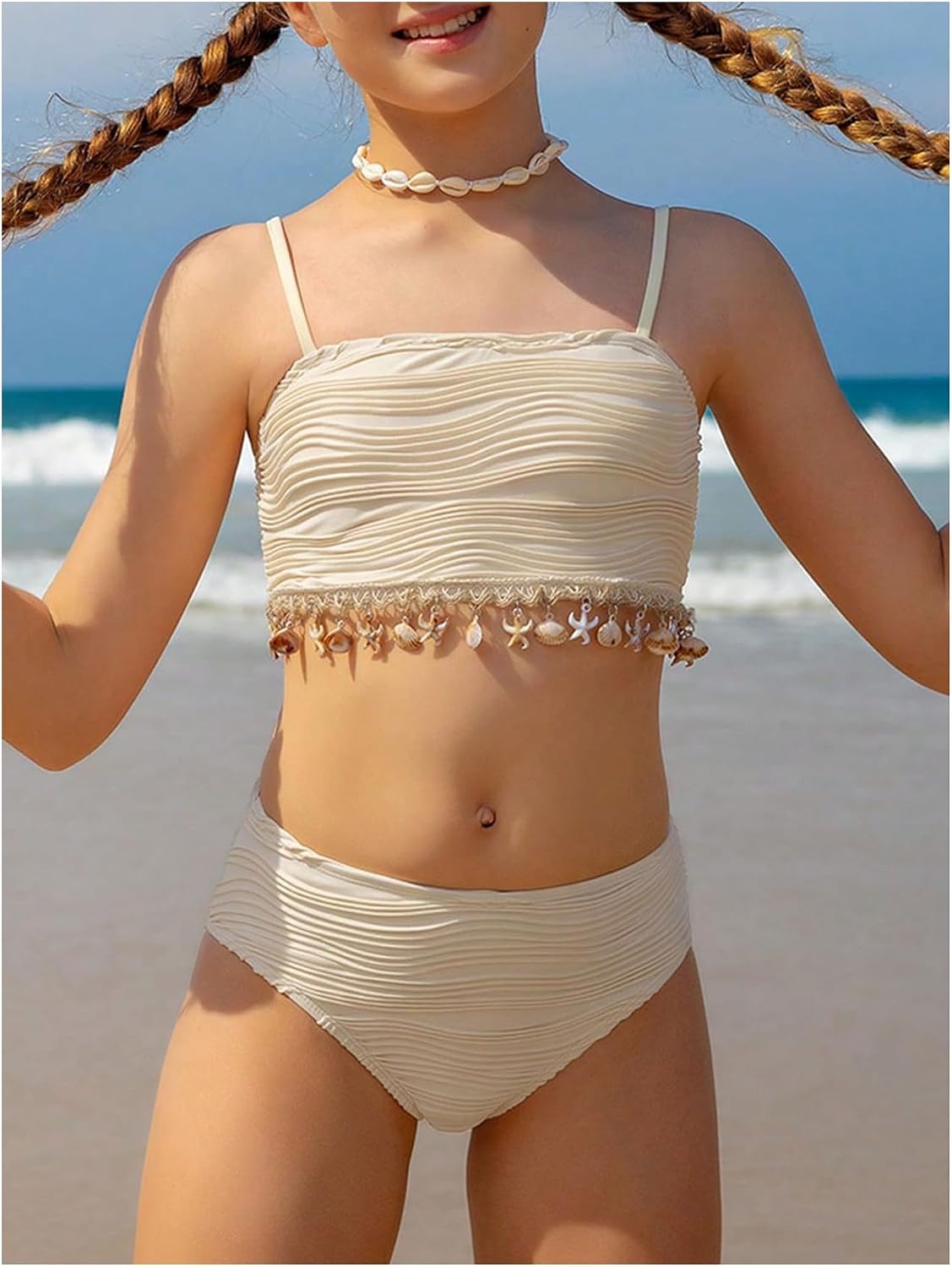 Verdusa Girl's 2 Piece Textured Bikini Set Seashell Trim Swimsuit Bathing Suit Vacation Outfits