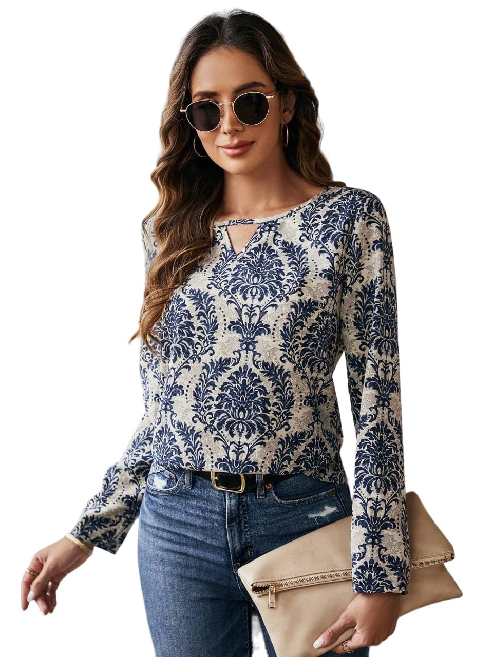 nityanta fab Women's Printed Western Top | Full Sleeve Keyhole Neck Casual Top | Regular Fit Office Wear Top for Women | Stylish Blouse | Navy Blue-picture-36