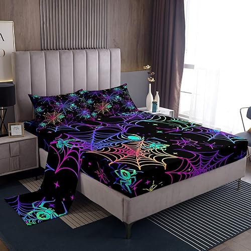 Manfei Juego de sábanas de Halloween tamaño matrimonial, juego de sábanas de araña psicodélica, 4 piezas con sábana bajera de bolsillo profundo +