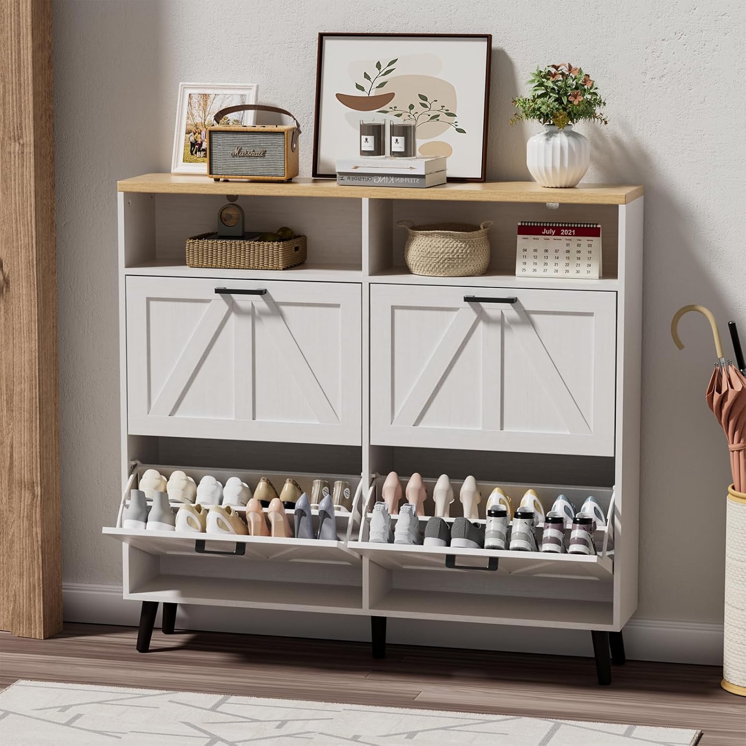 Shoe Storage Cabinet for Entryway with 4 Flip Drawers, Farmhouse Narrow Shoe Rack Organizer Cabinet, Wooden Slim Hidden Shoe Cabinet for Front Door Entrance Entry Way Hallway, White White 4 Door