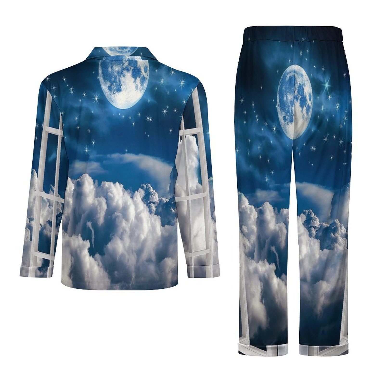 Pigiama da Uomo in Luna Piena nel Cielo Notturno, Due Pezzi Set Completo con Camicia a Maniche Lunghe Bottoni e Pantaloni con Tasche Abbigliamento Casa Blu Scuro