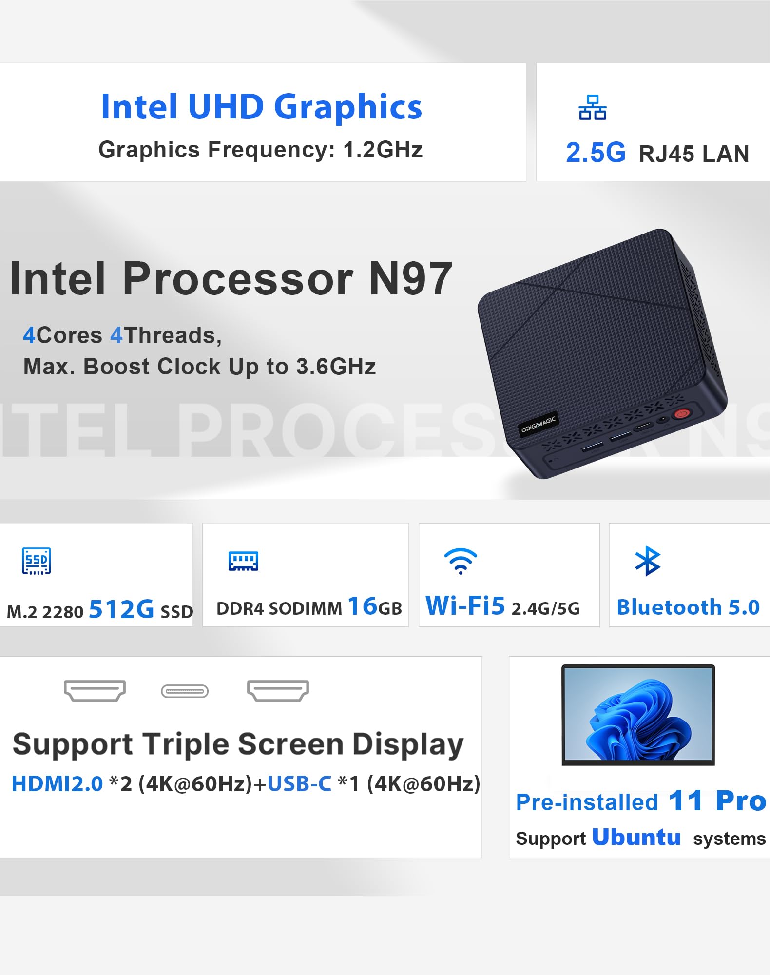 C1 Mini PC 11 Pro, Intel N97 Mini Desktop Computers (Beat N100/N95) 16GB RAM 512GB SSD Micro PC, HDMI 2.0, WiFi 5.2, BT 5.0, 2.5GbE LAN 4K Triple Display, Small PC for Business Home