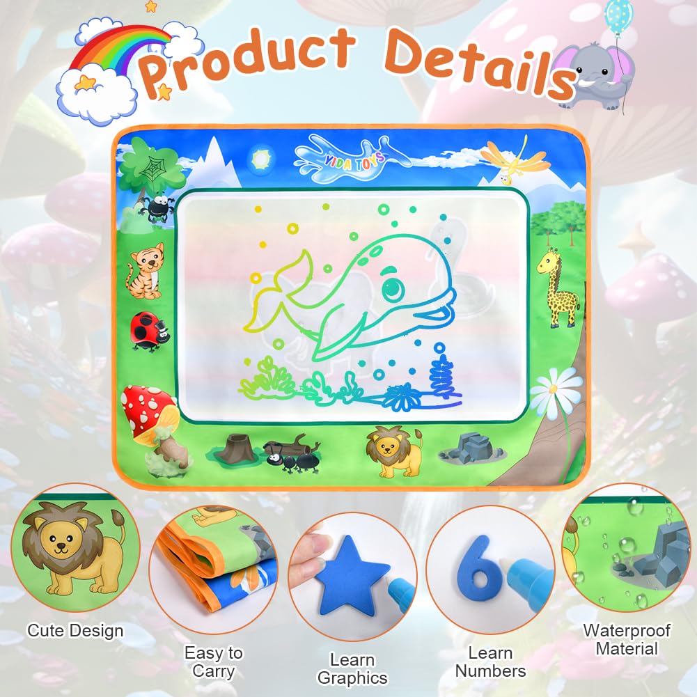 OSDUE Tapis De Dessin à L'Eau – Kit Peinture Magique Pour Enfant – Modèle Animal Prairie 78x58 Cm – Réutilisable Et Portable