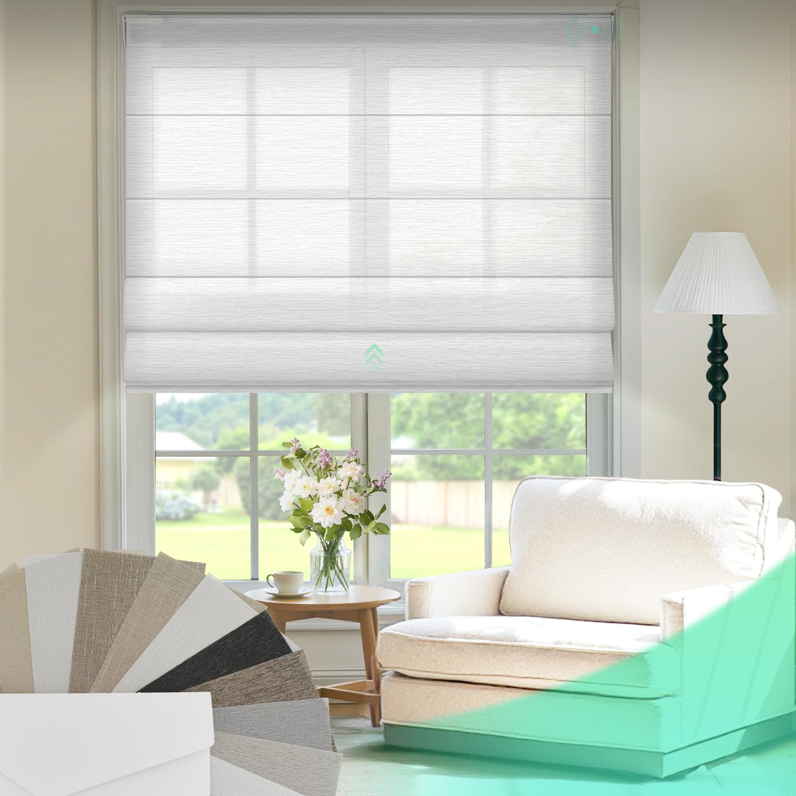 HeyBlinds Motorized Roman Shades with Remote Smart Control Light Filtering Automatic Blinds for Home and Office Windows Light