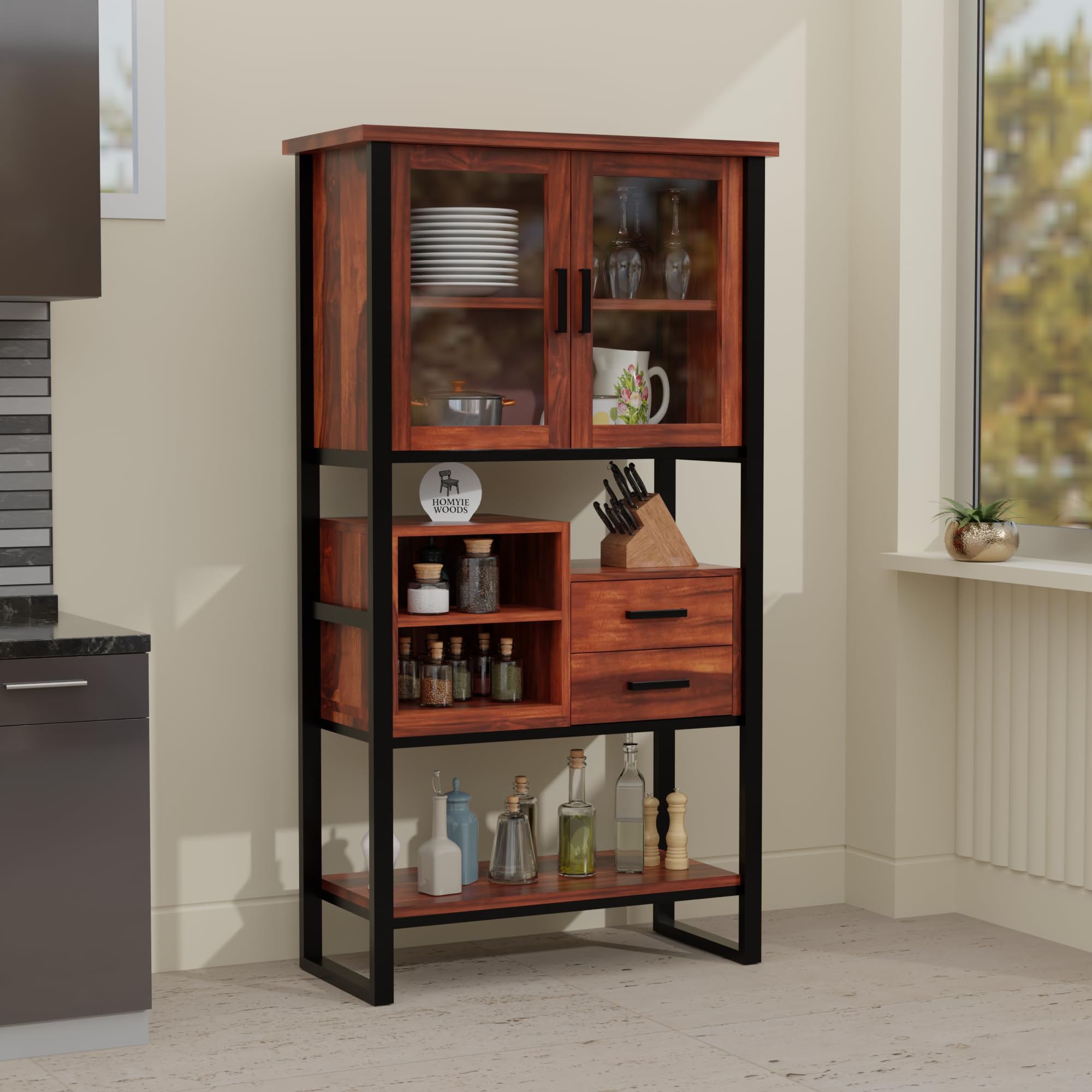 Kitchen Storage Cabinet with Glass Door Hutch & Drawers | Wooden & Metal Kitchen Cabinet Organizer | Industrial Style Storage Unit for Dining Room & Living Area | Brown & Black-image-46