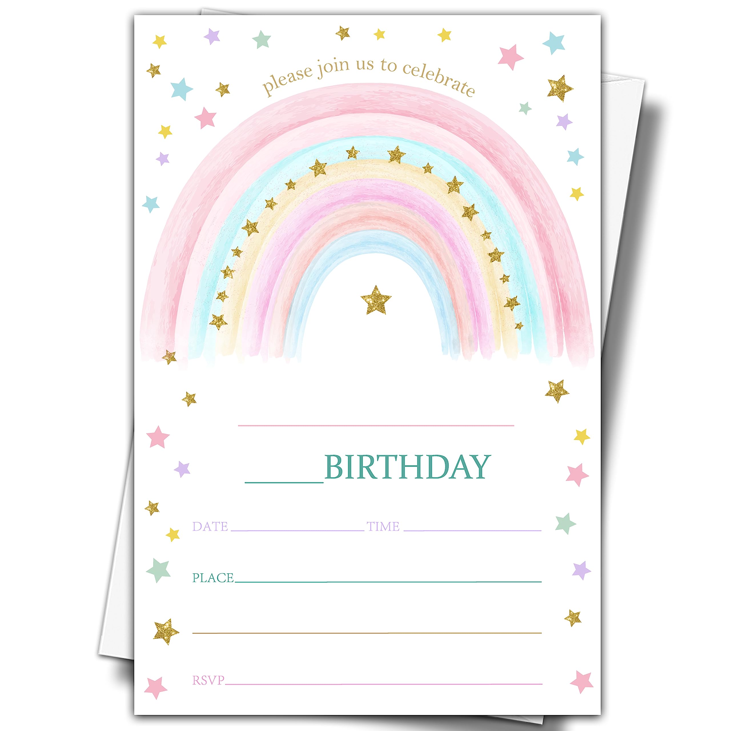 Rainbow Birthday Party Invitations, 20 Invite Cards with Envelopes, 4 ...