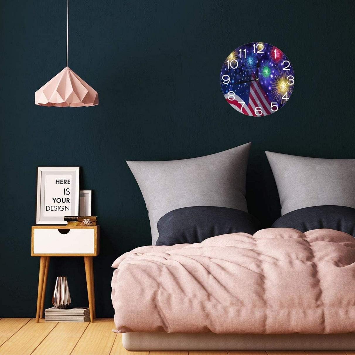 American Flag Celebration Fireworks Independence Day Silent Round Wall Clock, 9.84 Inches Battery Operated Easy to Read for Home, Office, School Decor