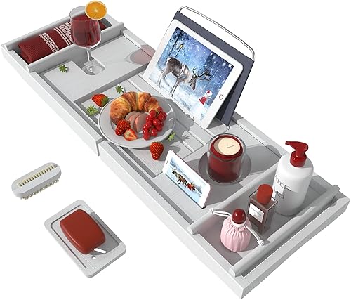 Bandeja Organizadora para Bañera para Baño de Lujo - Mesa de Baño de Bambú Impermeable Expandible sobre la Bañera con Portavinos y Portallibros y