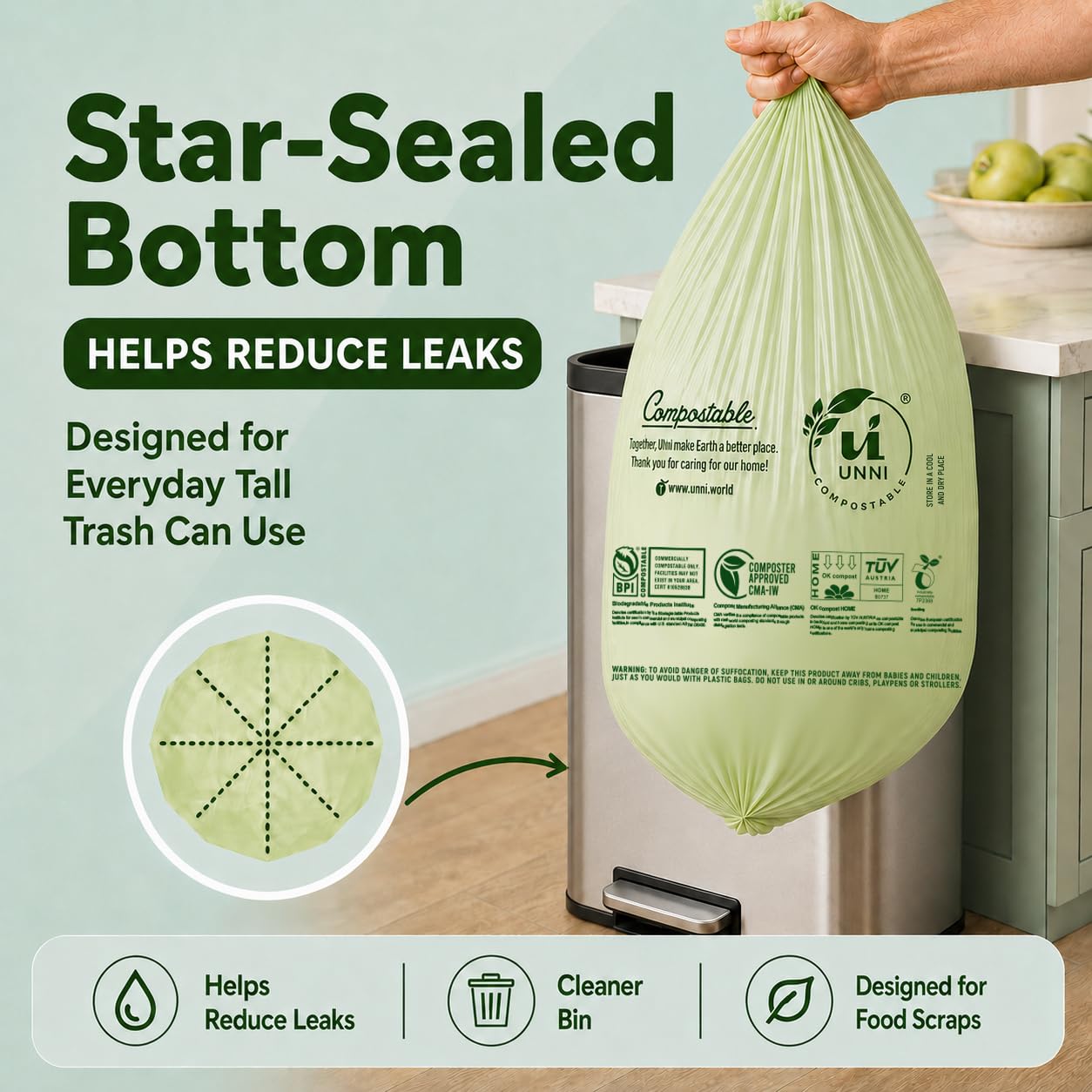 UNNI Bolsas compostables, 20-23 galones, 87 litros, 60 unidades, extragruesas de 1 mil, bolsa de basura para residuos de alimentos, ASTM D6400, US BPI, CMA y Europa OK Compost Home, certificado San