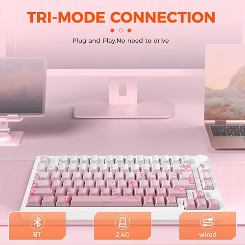 DAREU EK75PRO Sakura Pink Wireless Mechanical Gaming Keyboard,75% Hot Swap Creamy Keyboard with Knob,RGB Backlit,Gasket Custom Structure,Side Printed PBT Keycaps,2.4Ghz/BT5.1/USB-C, for Win/MAC - 8
