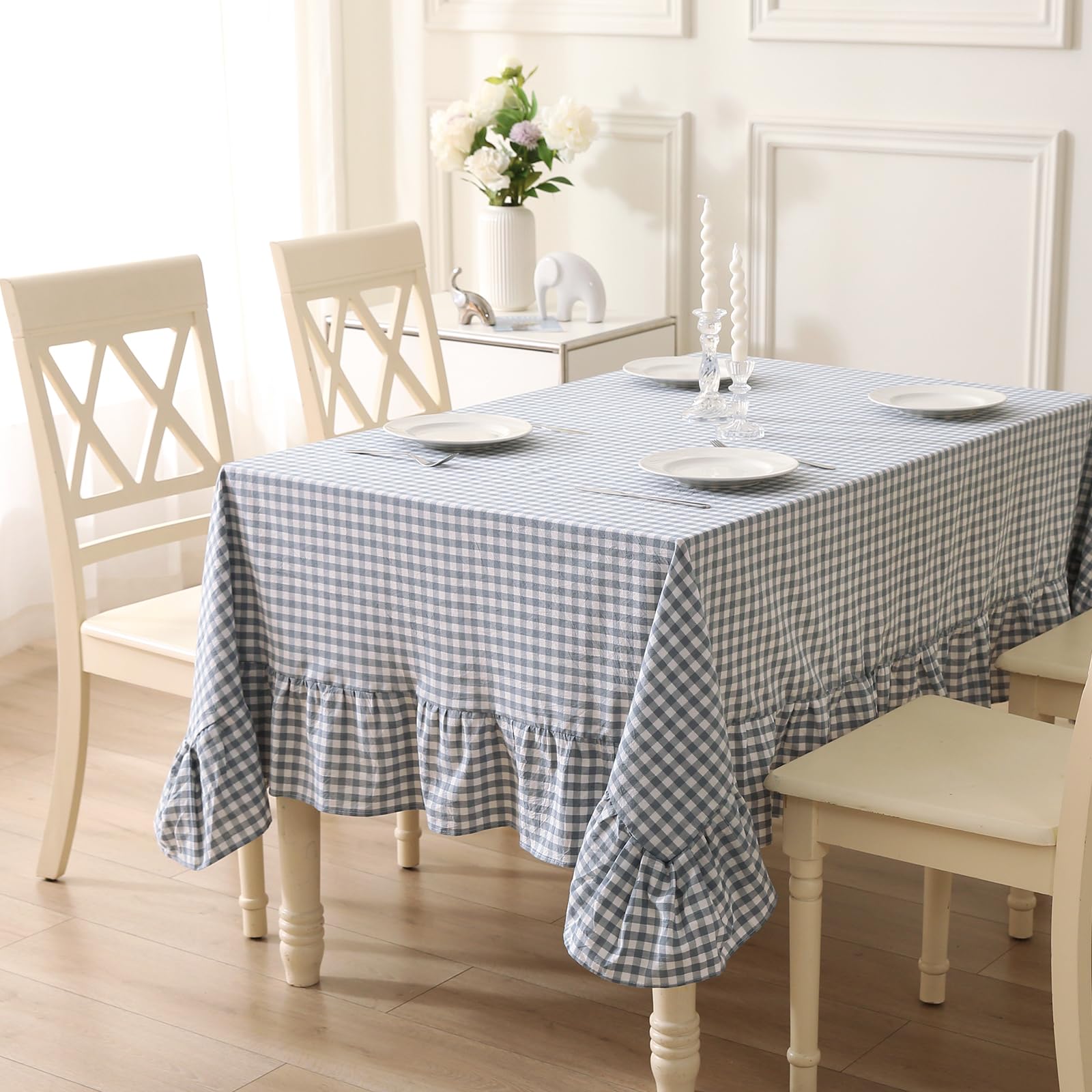 K MASANIJI Dust Blue White Plaid Ruffled Table Cloth Rectangular for Seat 8-10, 100% Washed Cotton Buffet Cottage Coquette Checker Gingham Vintage Decorative Tablecloth - 120"x60"