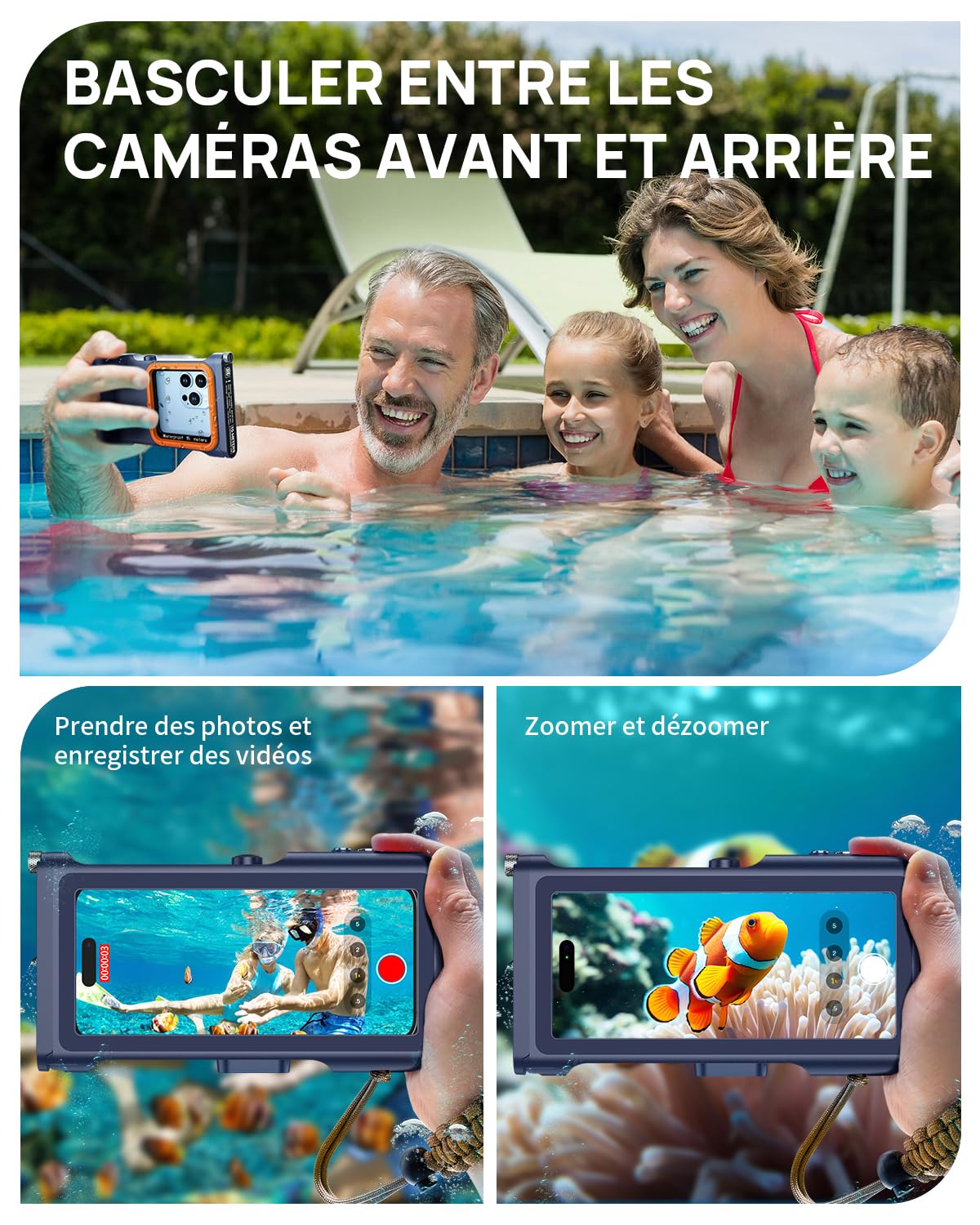 Pochette Étanche [Universelle] Coque Téléphone Protection IPX8 Plongée Étui [Fonction Bluetooth][Mise au Point réglable] pour iPhone Samsung Xiaomi 4.7-6.9'' 15M sous Marine Housse,Bleu Orangé