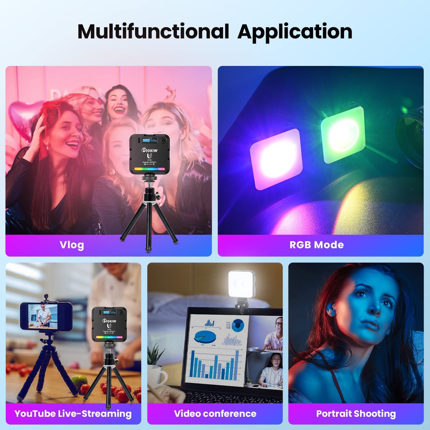K&F Concept 60 LED RGB-videolamp, 360° full colour draagbare fotolamp, 2500K-9900K CRI 96 , met 21 lichteffecten, minicameralamp met 2000mAh-batterij voor vloggen, selfie, fotografie, blauw