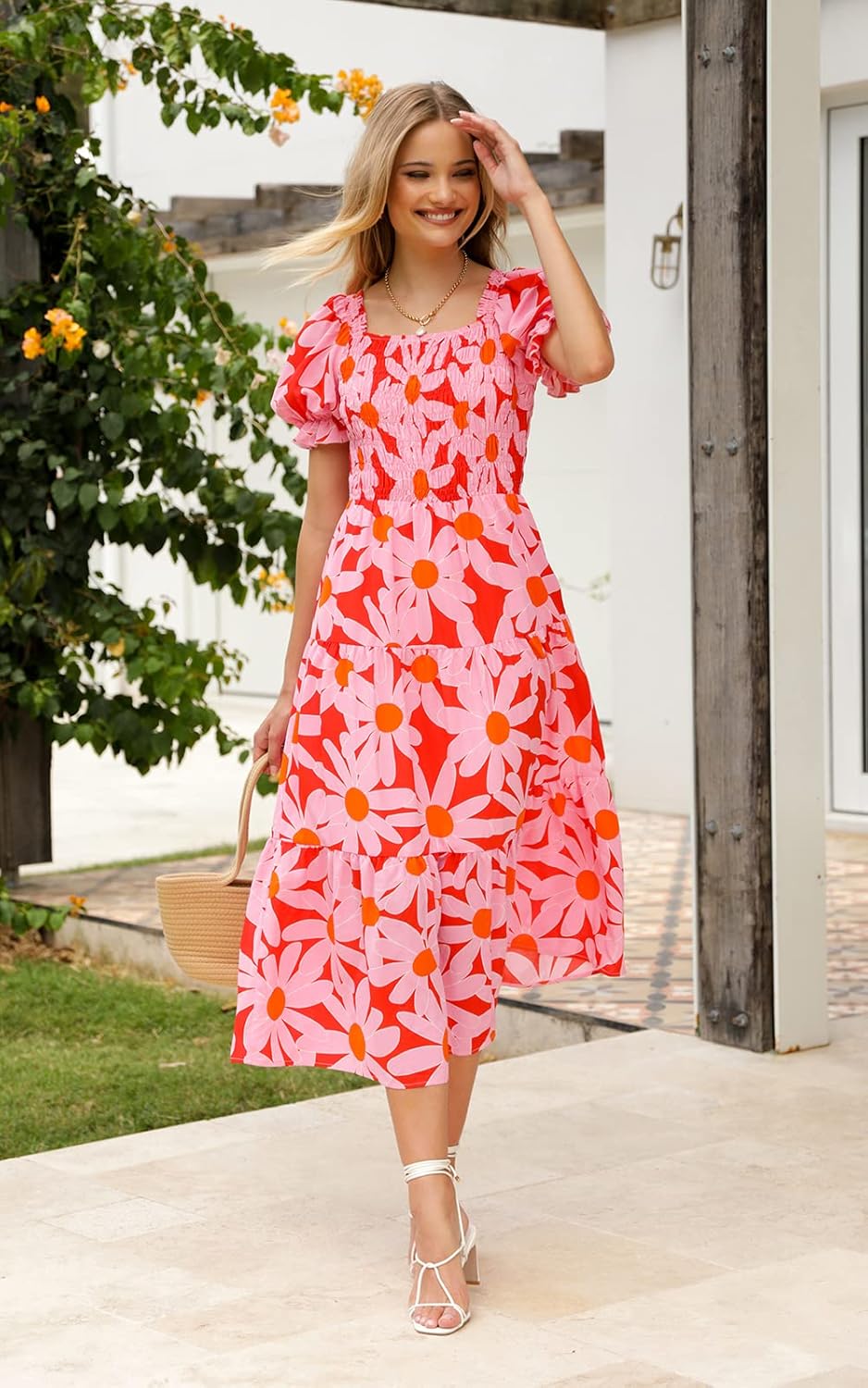 PRETTYGARDEN Women's Boho Floral Print Summer Dresses Square Neck Puff Sleeve A Line Long Dress Smocked Casual Maxi Dress - Image 2