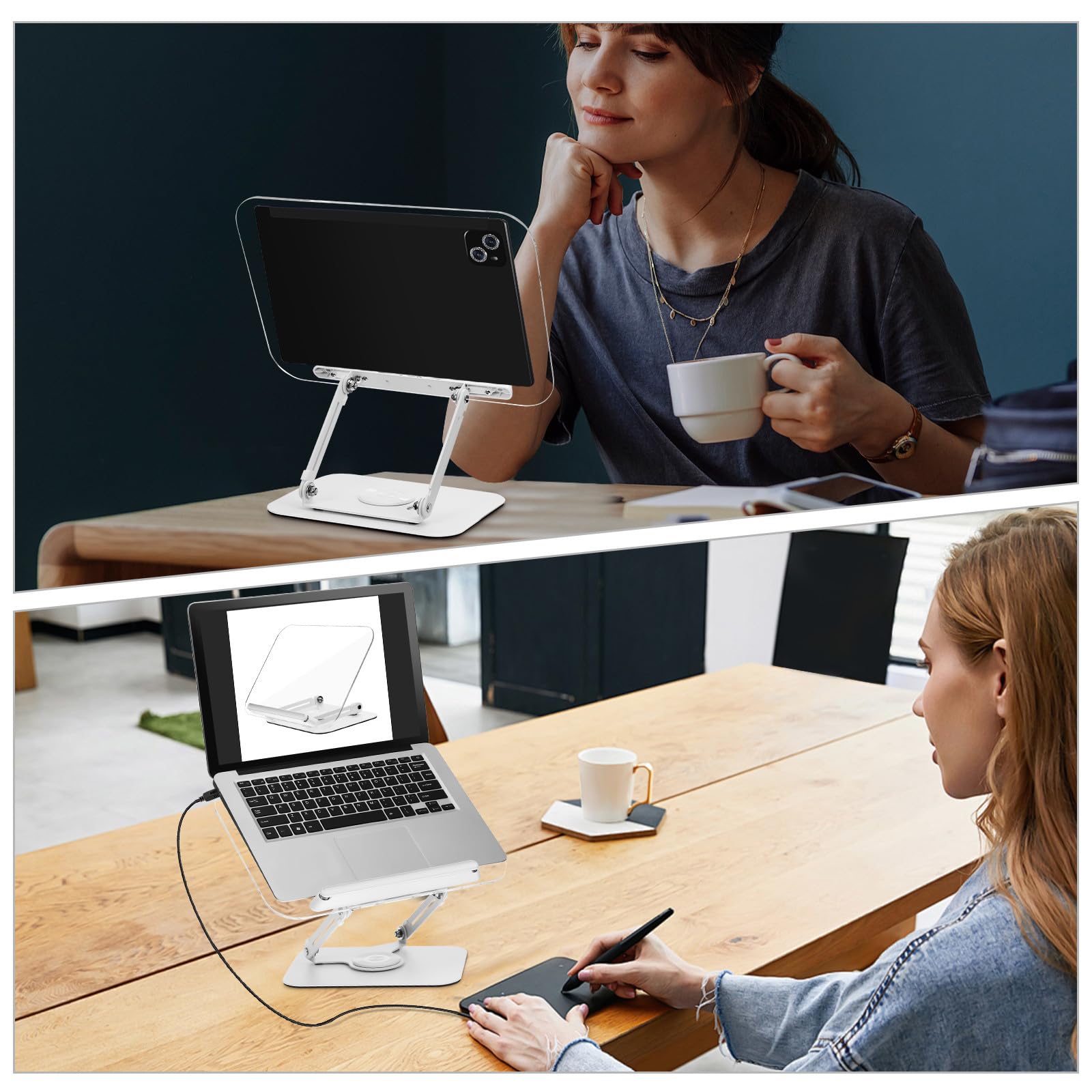 Lurrose Leggio Regolabile per Libri e Laptop con Base Girevole 360°, Supporto da Scrivania in Acrilico e Metallo 36,8x34 Cm con Fermalibri per Lettura a Mani Libere e Uso Multifunzionale
