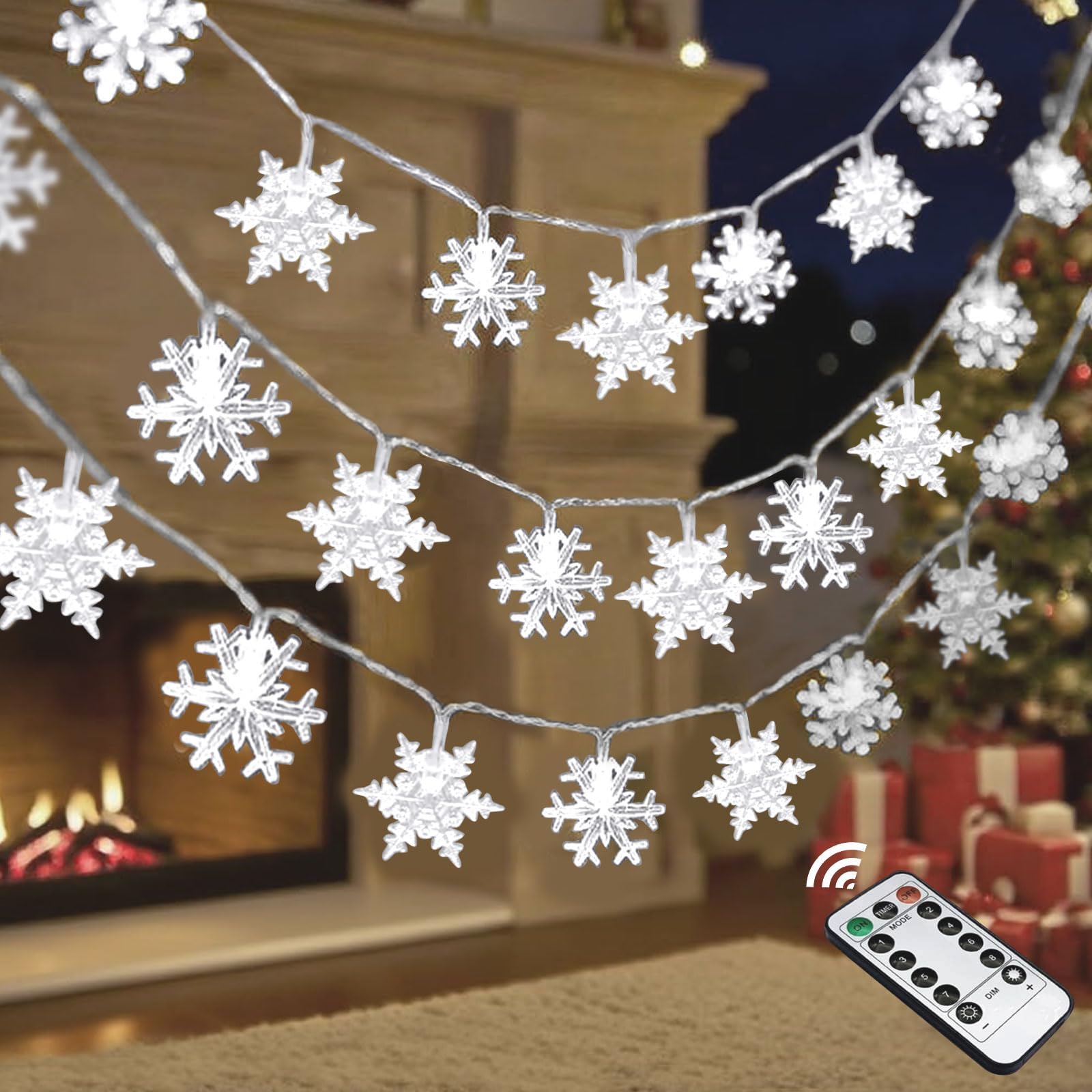 Snowflake Lights, 20 FT 40 LED Battery Operated Christmas Snowflake String Lights with Remote, 8 Modes Timer Waterproof Fairy Lights Indoor Outdoor for Bedroom Party Xmas Tree Decorations, Cool White