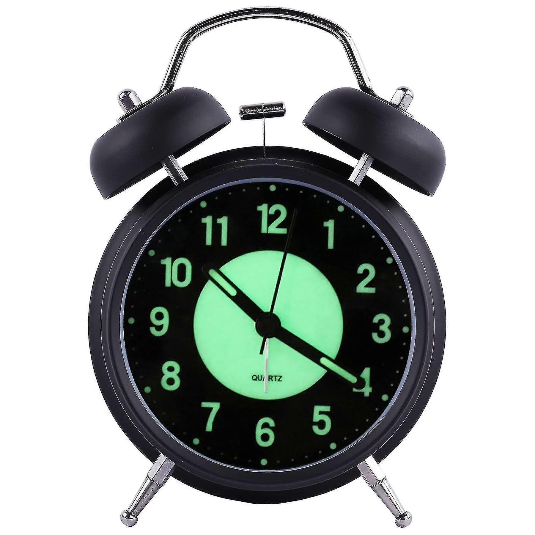JOYHAPPST 4 Inch Luminous Alarm Clock, Non-ticking Analogue Retro Quartz Twin Bell With Loud Alarm (black)
