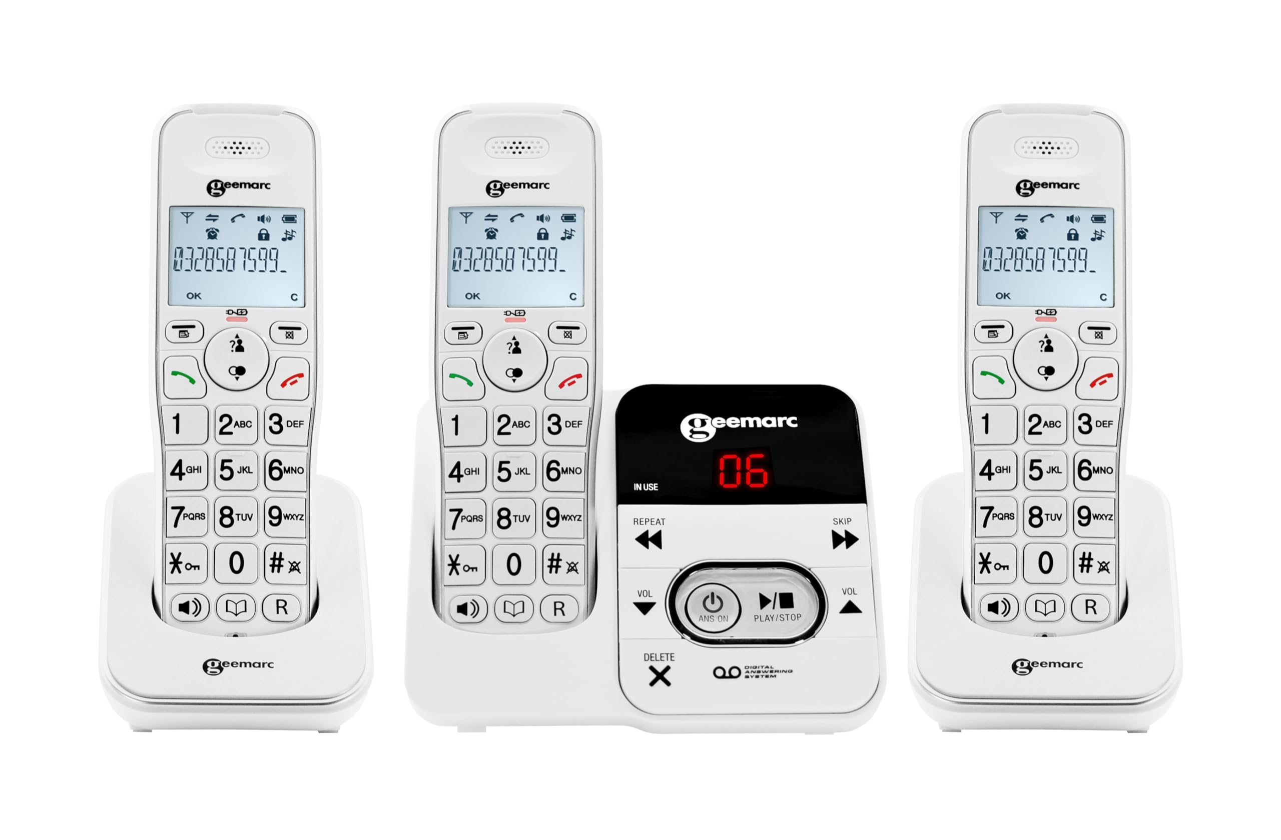 Geemarc Amplidect 295 Trio - Pacchetto Trio di Telefoni Fissi Wireless - Una Base DECT con 3 Combinati - Accesso diretto alla segreteria telefonica - Adatto agli anziani - Perdita uditiva bassa o