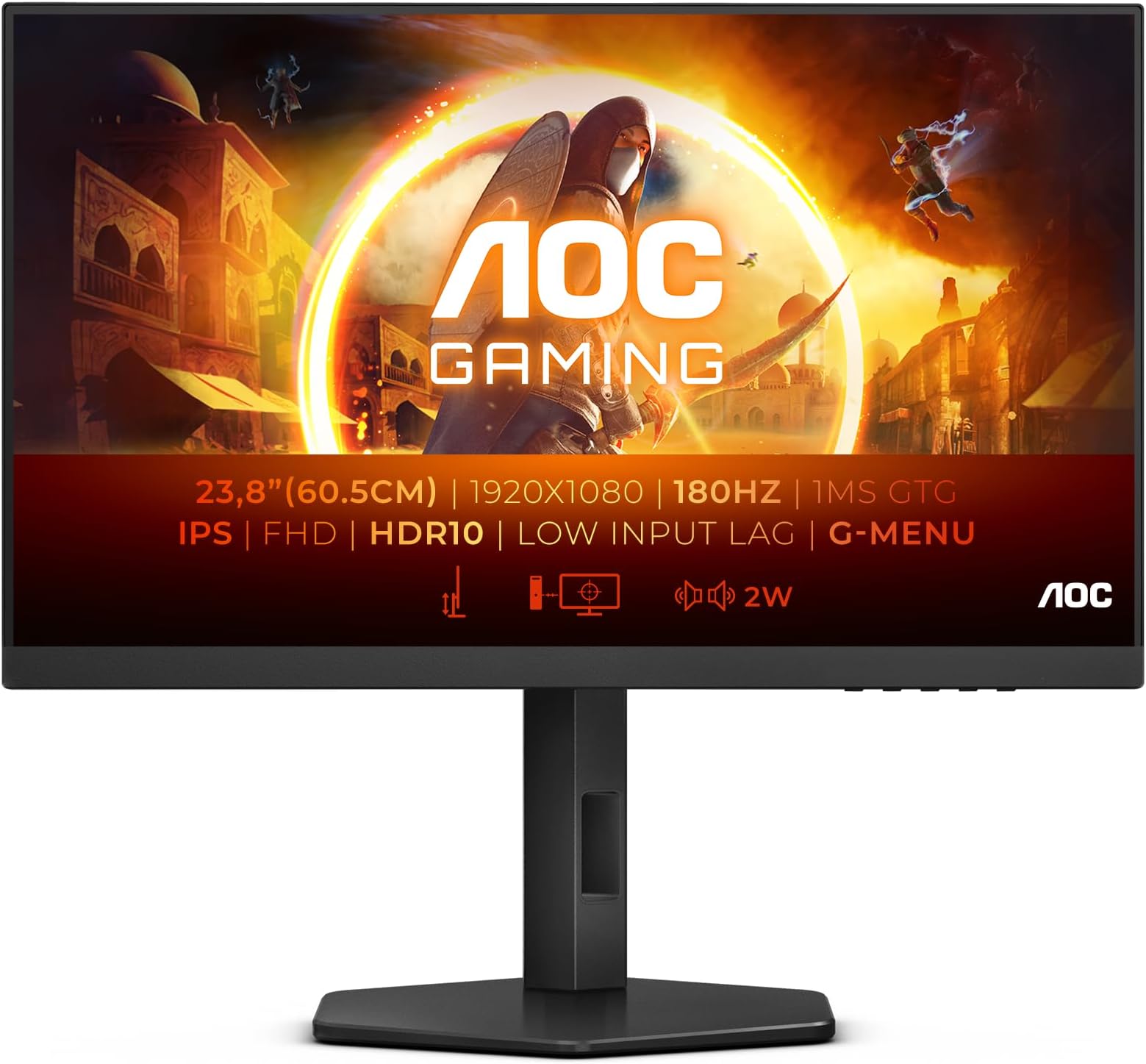 AOC Gaming 24G4X - 24 Inch FHD Monitor, 180Hz, IPS, 1ms GtG, FreeSync, Gsync compatible, Speakers, HDR10, Game Modes, Height Adjust (19820 x 1080 HDMI 2.0 / DisplayPort 1.4)