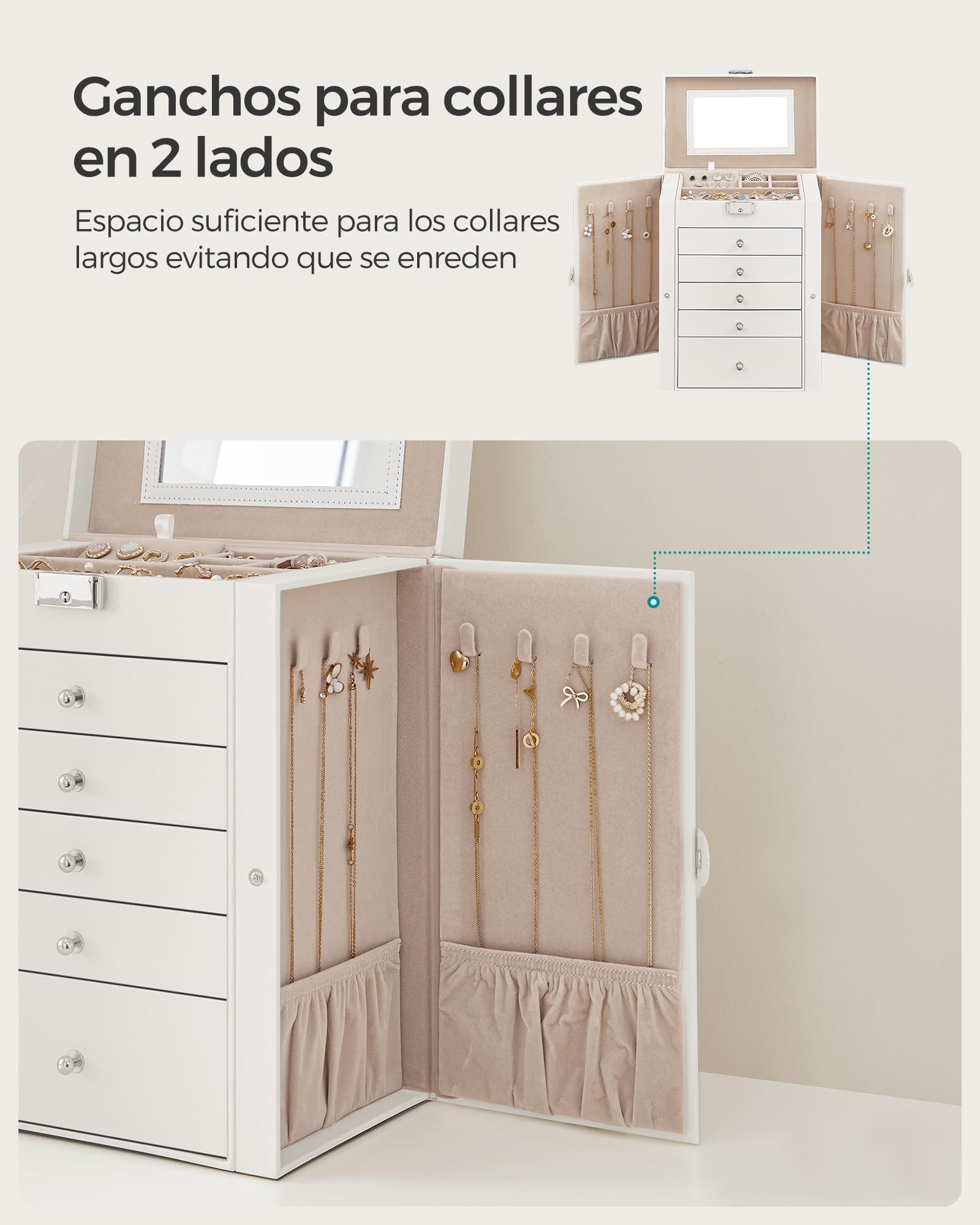 SONGMICS Caja Joyero de 6 Niveles, 5 Cajones, con Espejo y Cerradura, Blanco JBC152W01
