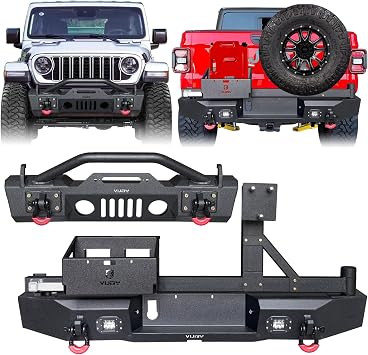 Front and rear bumper textured black compatible with 2020 2021 2022 2023 2024 2025 Jeep Gladiator JT w/winch plate & 4 LED lights & 4 D-rings & spare tire rack & spare oil drum storage box
