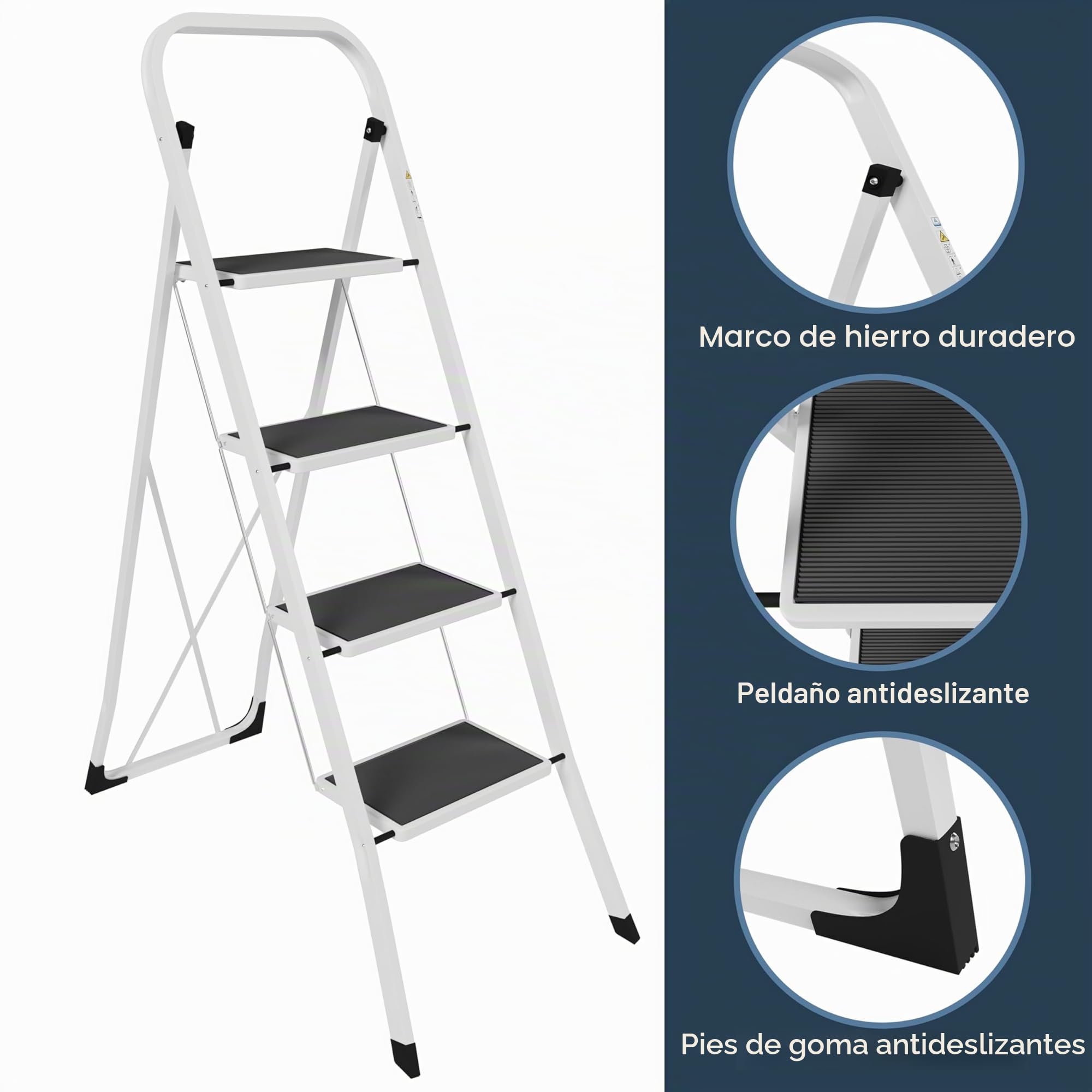 Home Vida Escalera de 4 peldaños, acero resistente, plegable, portátil con alfombrilla antideslizante