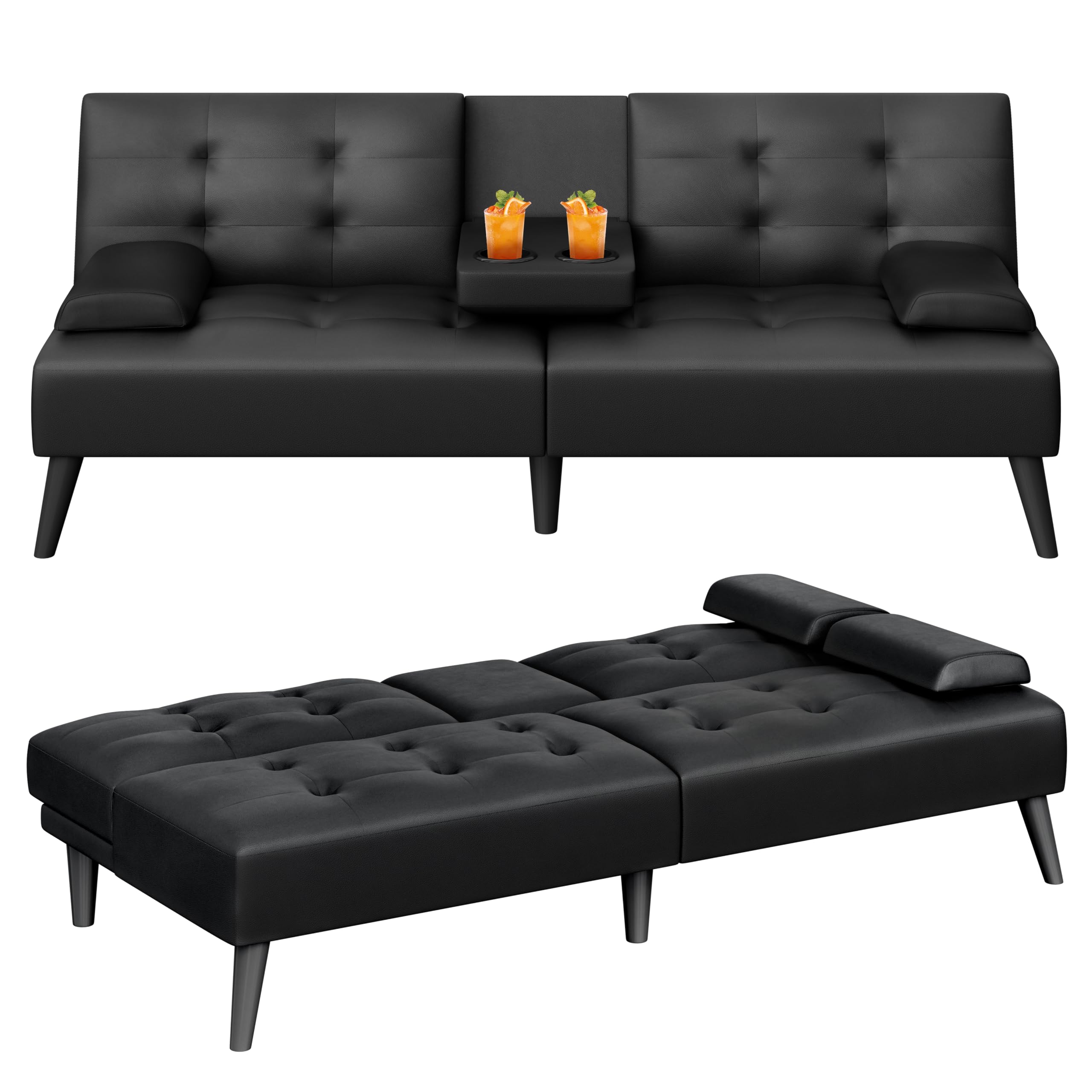 64" Futon Sofa Bed, Small Loveseat with 2 Cup Holders, Small Couch with 3 Adjustable Angles & Removable Armrest, Small Sofa for Small Space (PU Leather, Black)