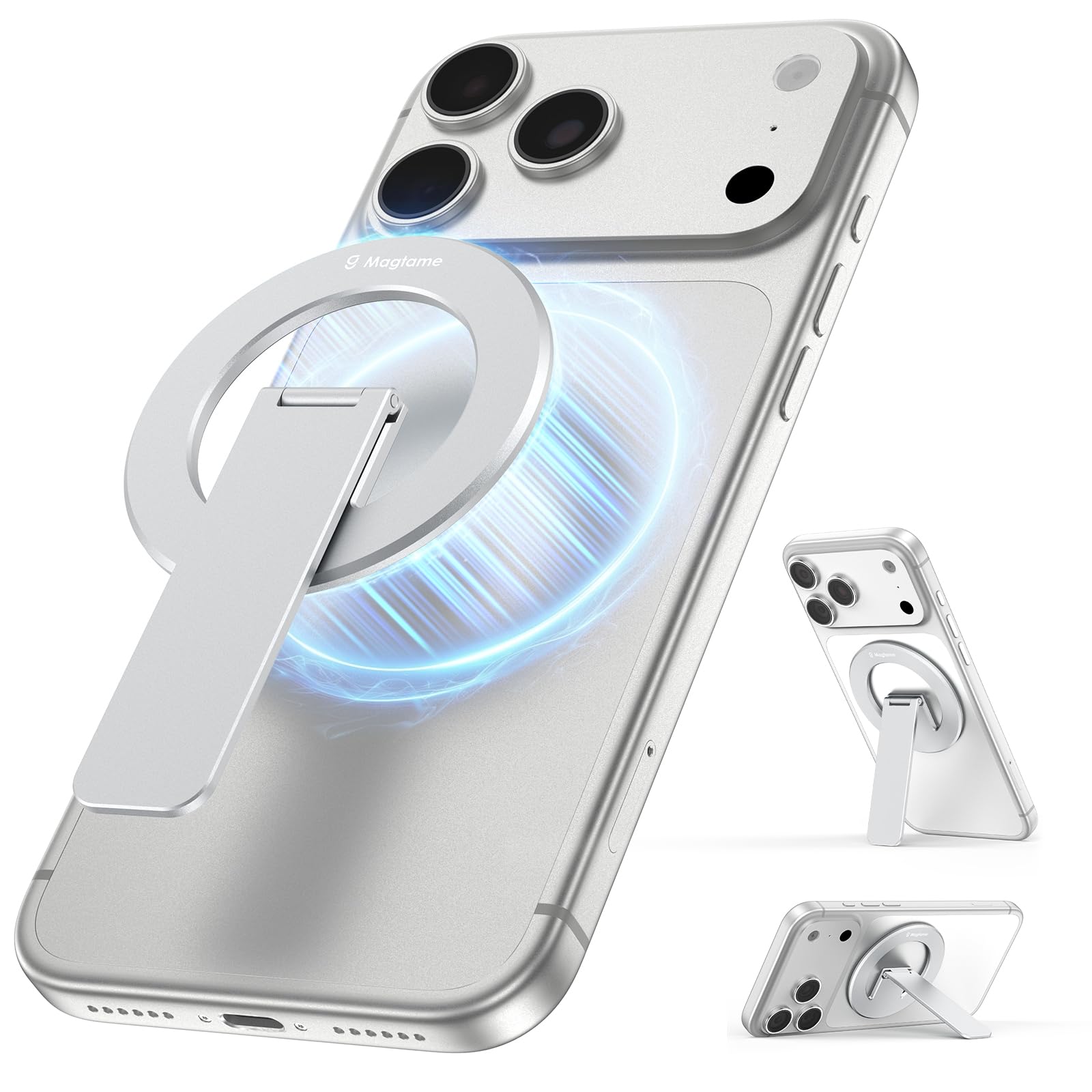 Magtame Magnetständer Griff für Mag-Safe, Telefon Kickstand für i-Phone 17/16/15, Ultradünnen Magnethalter mit sicherer Verriegelungsbasis für Handsfree-Ansehen und Videoanrufe Silber