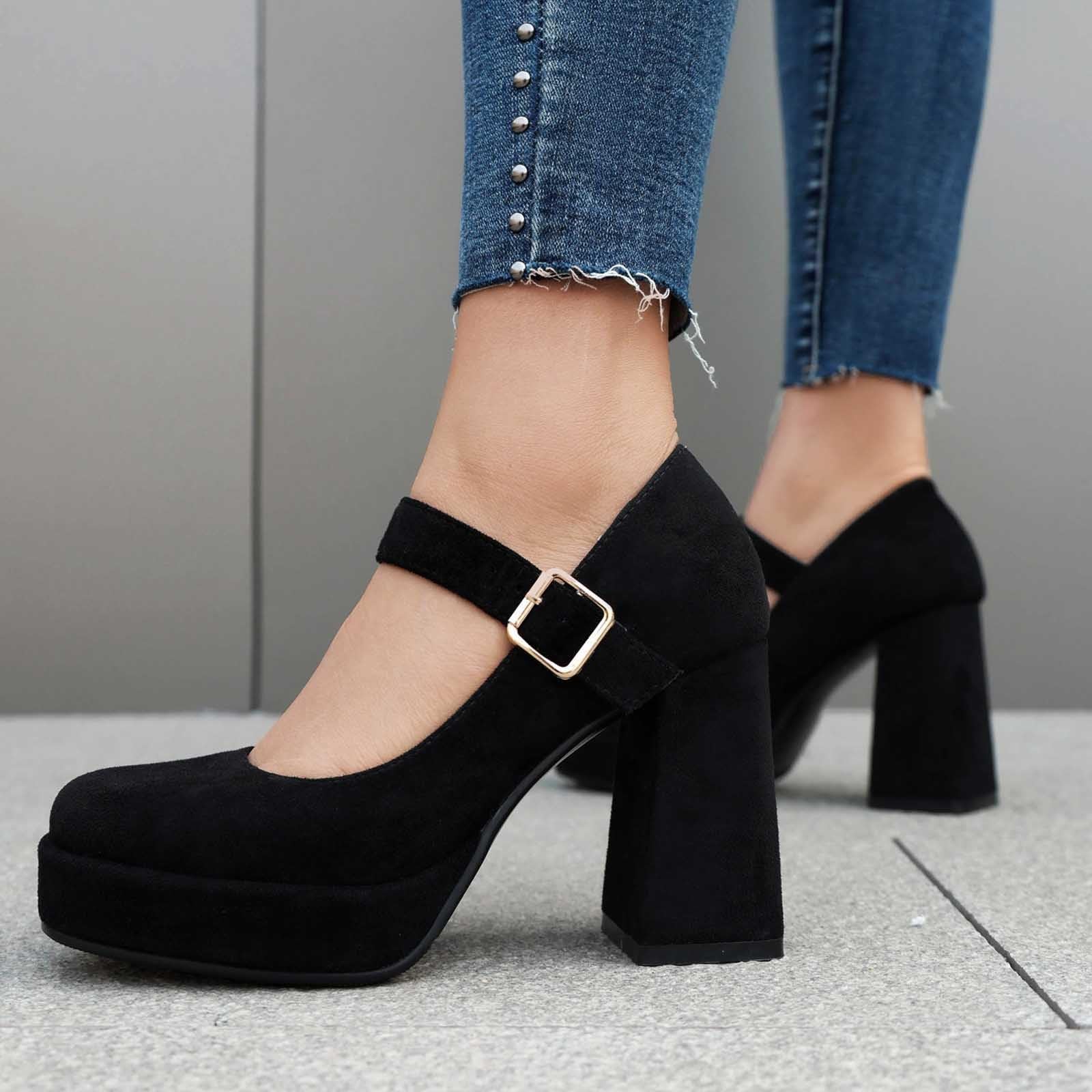 Scarpe eleganti da donna con tacco alto, suola spessa, punta quadrata, per feste eleganti, design classico con cinturino in metallo regolabile, versatile