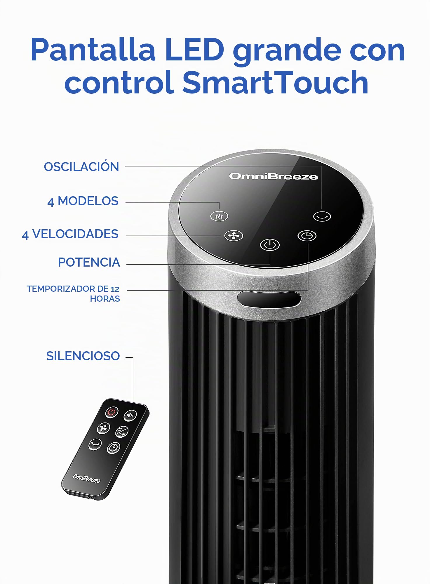 OmniBreeze Ventilador digital de torre eléctrico, con control remoto, visualización LED, ventiladores de piso sin aspas de pie y silenciosos 36/40 pulgadas, uso en interiores (40inch), DC2219/2220
